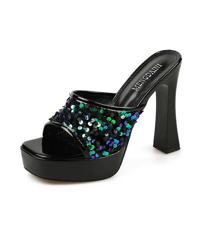 2024 Sequins Splicing High Heel Black Slide Sandals Peep Toe DD1056