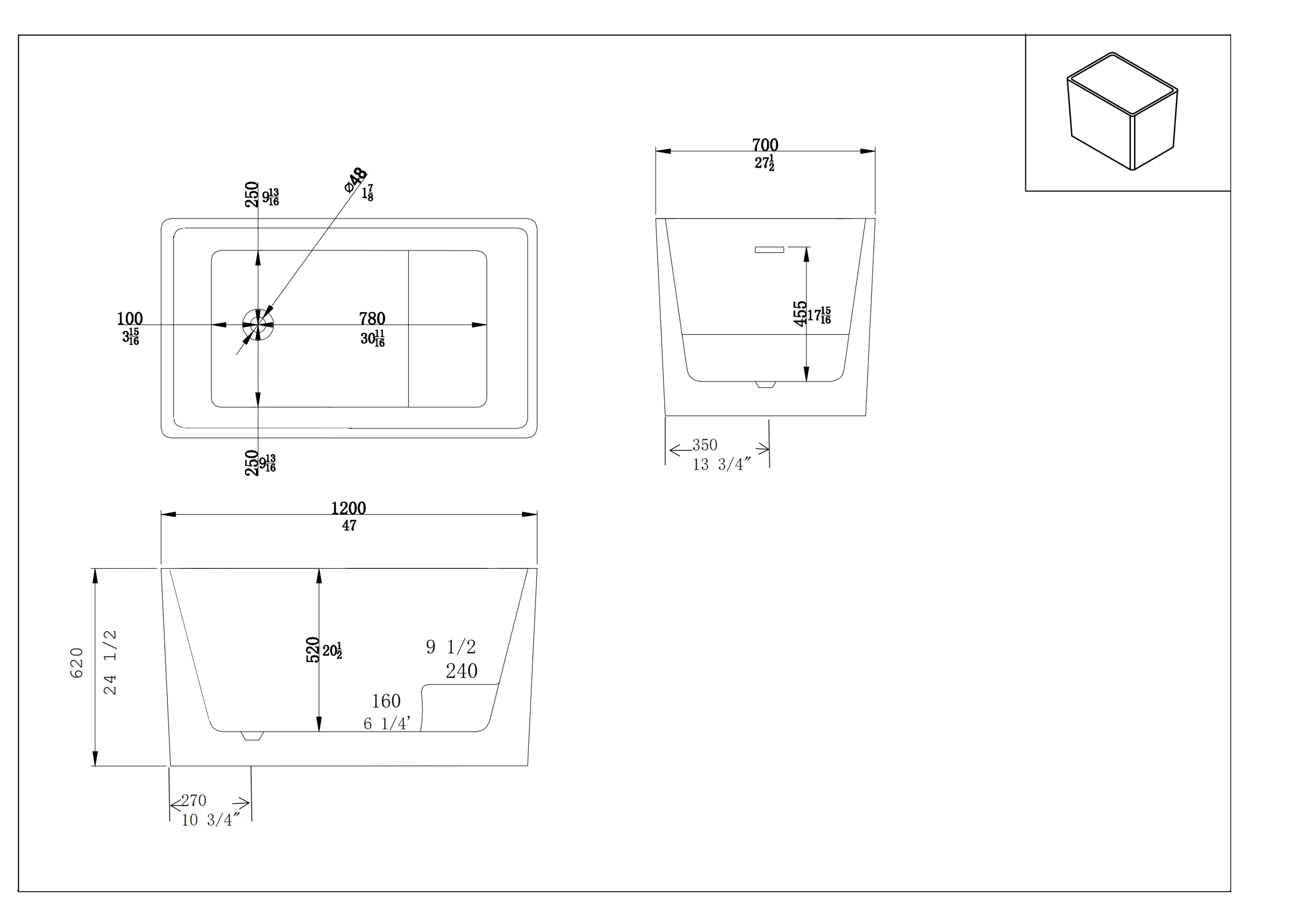 47'' Rectangular Acrylic Soaking Bathtub with Built-In Seat