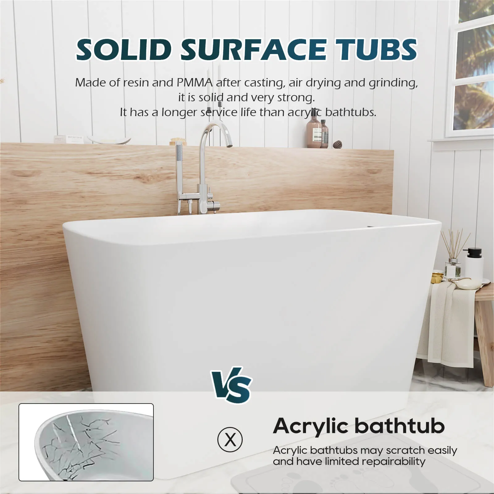 47'' Solid Surface Stone Resin Freestanding Japanese Soaking Bathtub with Built-in Seat