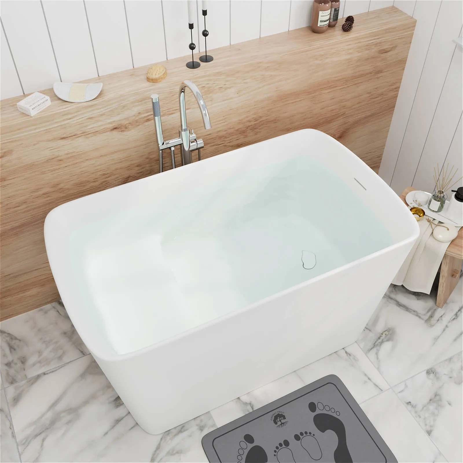 47'' Solid Surface Stone Resin Freestanding Japanese Soaking Bathtub with Built-in Seat