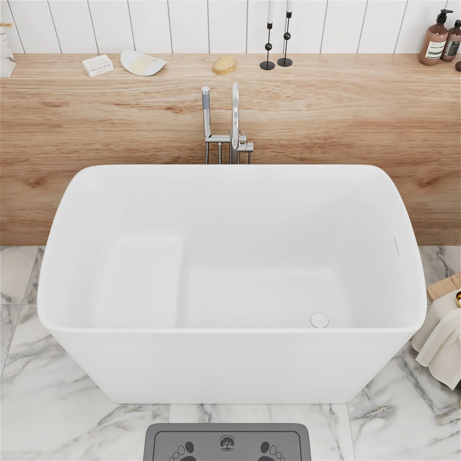 47'' Solid Surface Stone Resin Freestanding Japanese Soaking Bathtub with Built-in Seat