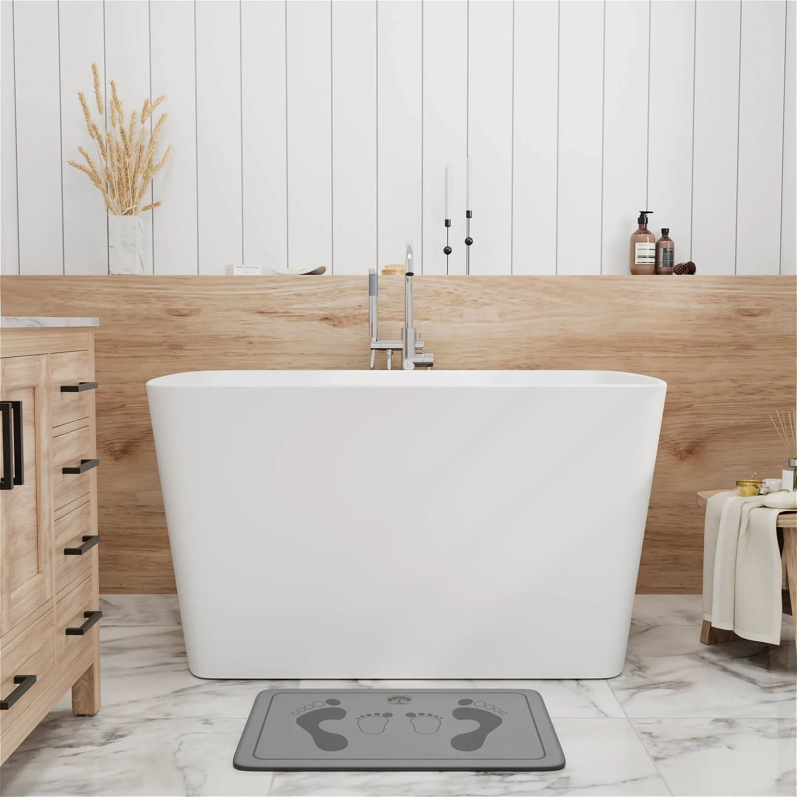 47'' Solid Surface Stone Resin Freestanding Japanese Soaking Bathtub with Built-in Seat