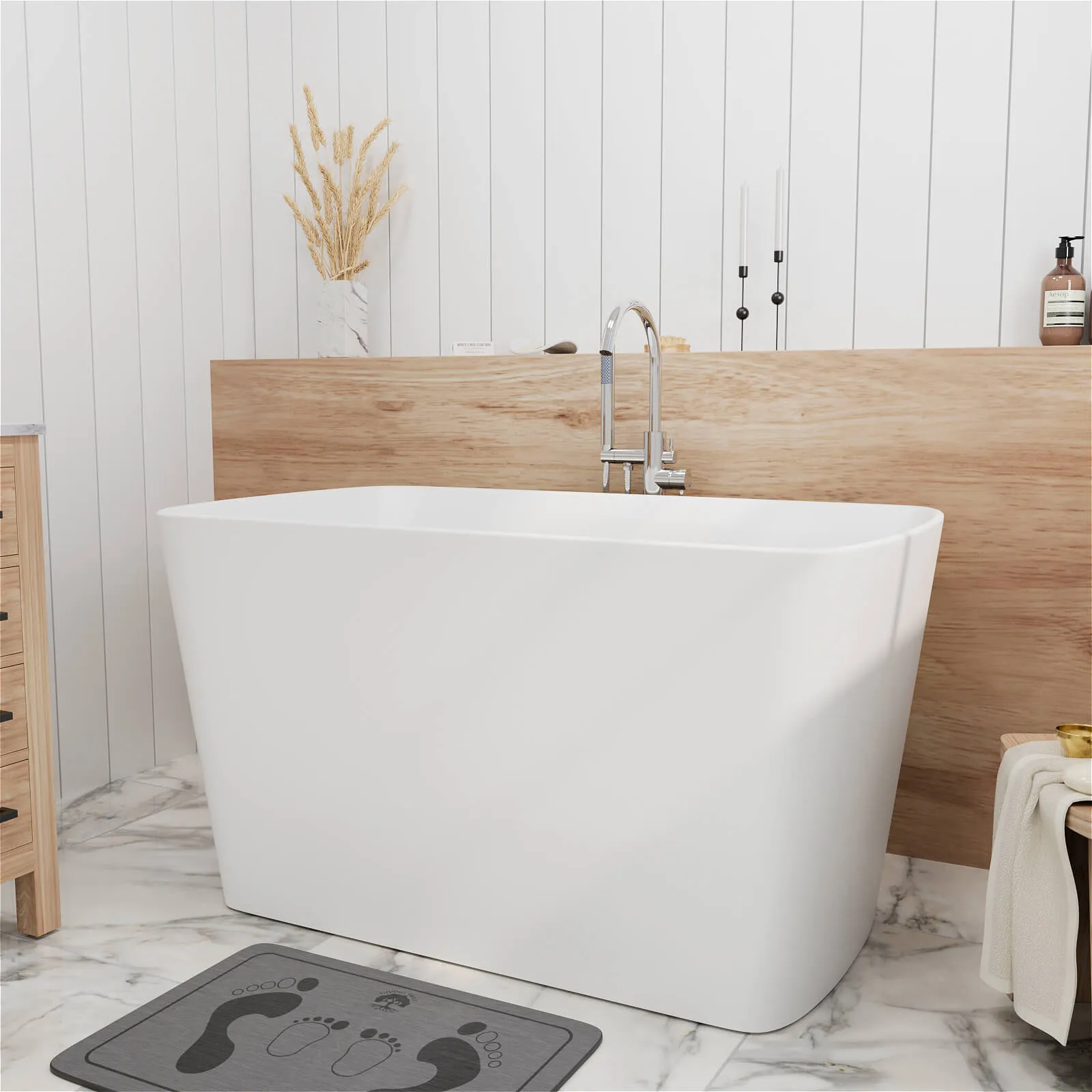 47'' Solid Surface Stone Resin Freestanding Japanese Soaking Bathtub with Built-in Seat