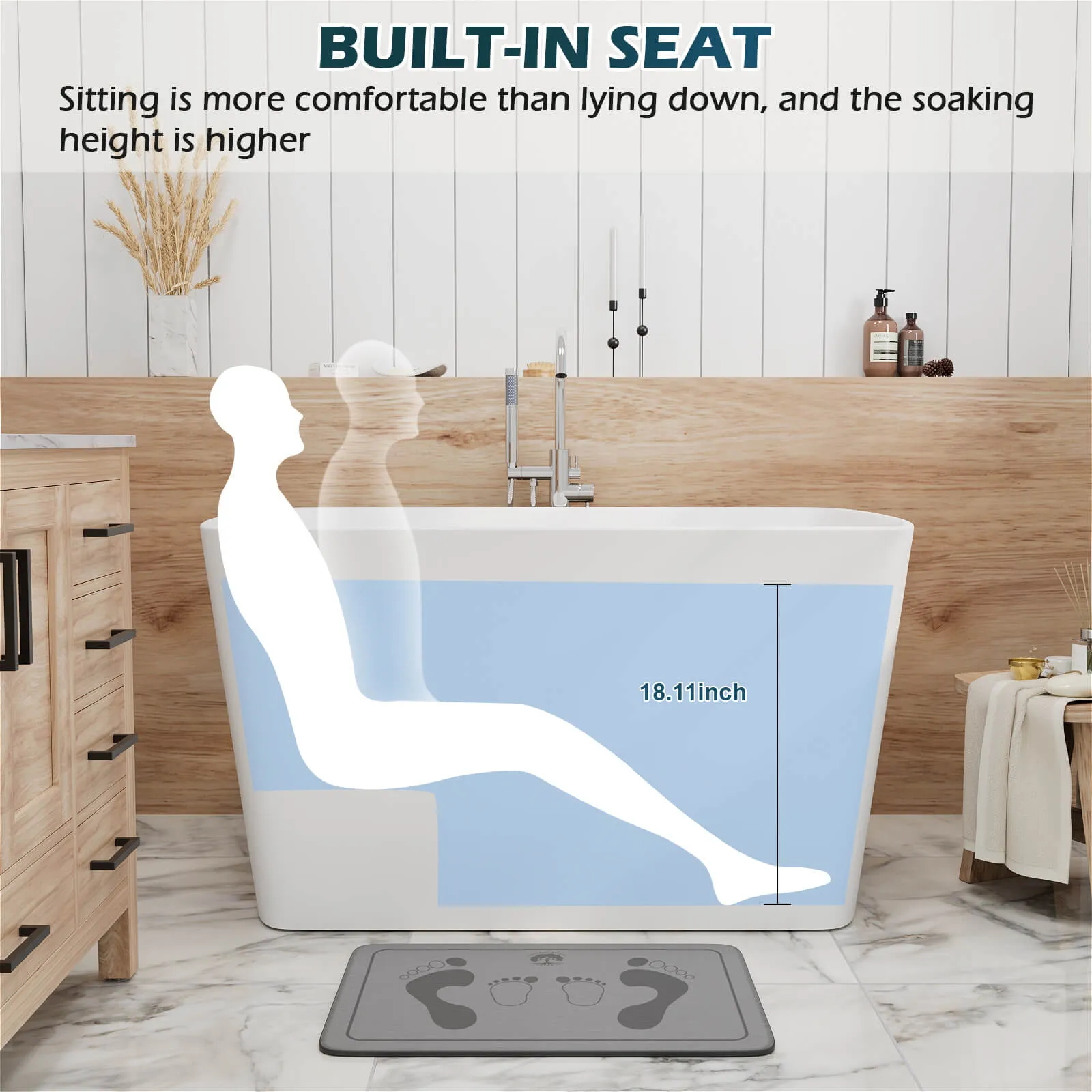 47'' Solid Surface Stone Resin Freestanding Japanese Soaking Bathtub with Built-in Seat