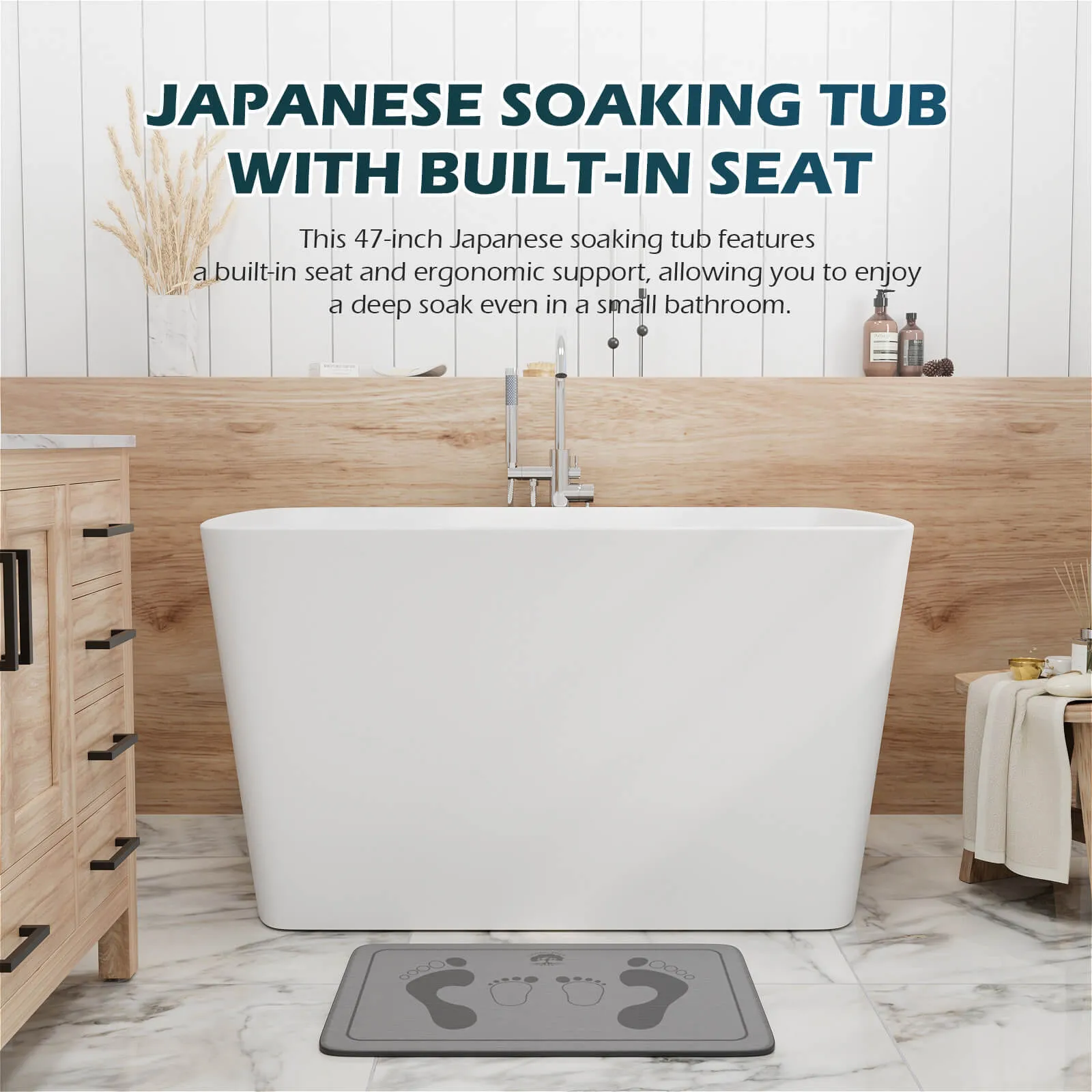 47'' Solid Surface Stone Resin Freestanding Japanese Soaking Bathtub with Built-in Seat