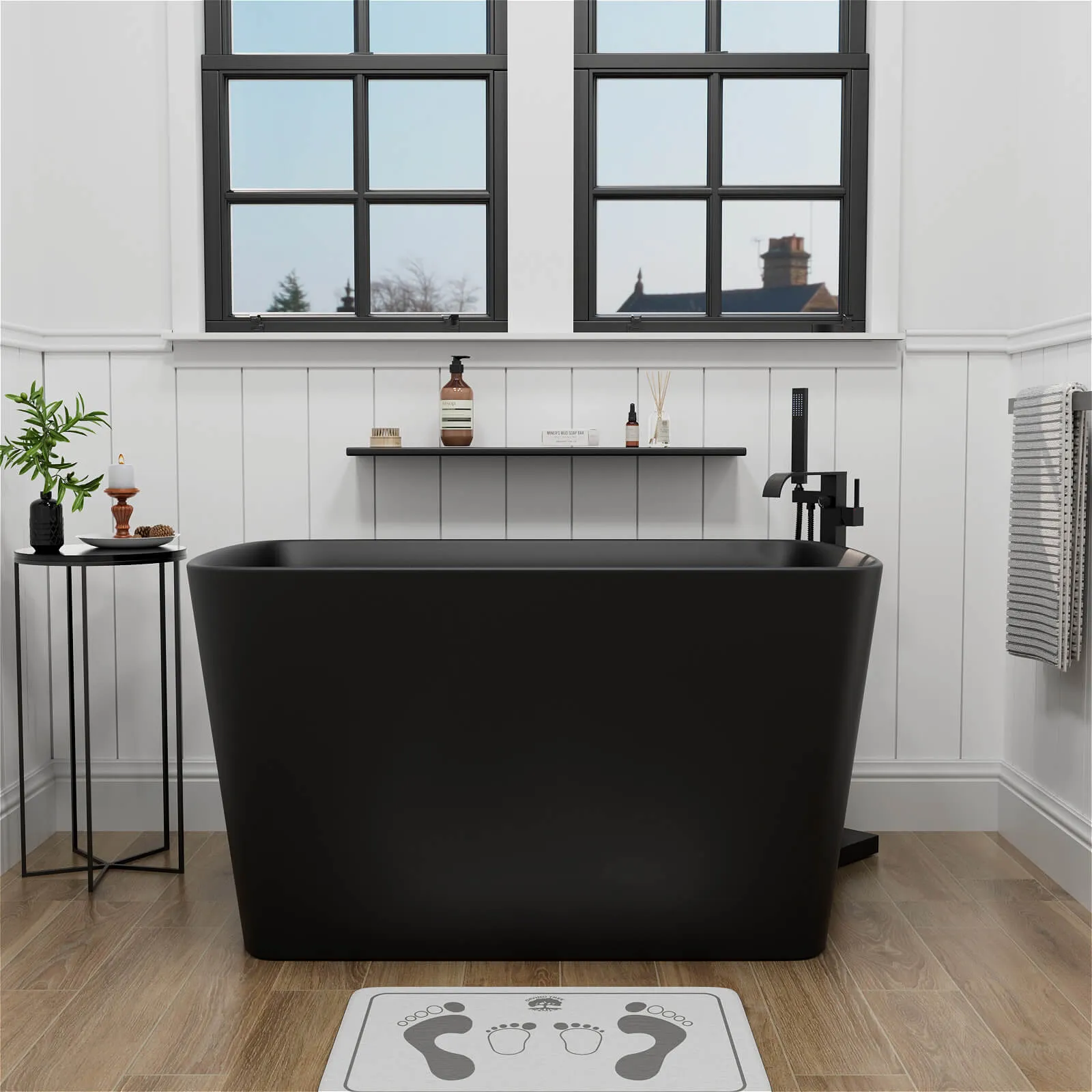 47'' Stone Resin Black Small Freestanding Japanese Soaking Tub with Seat, Reversible Drain