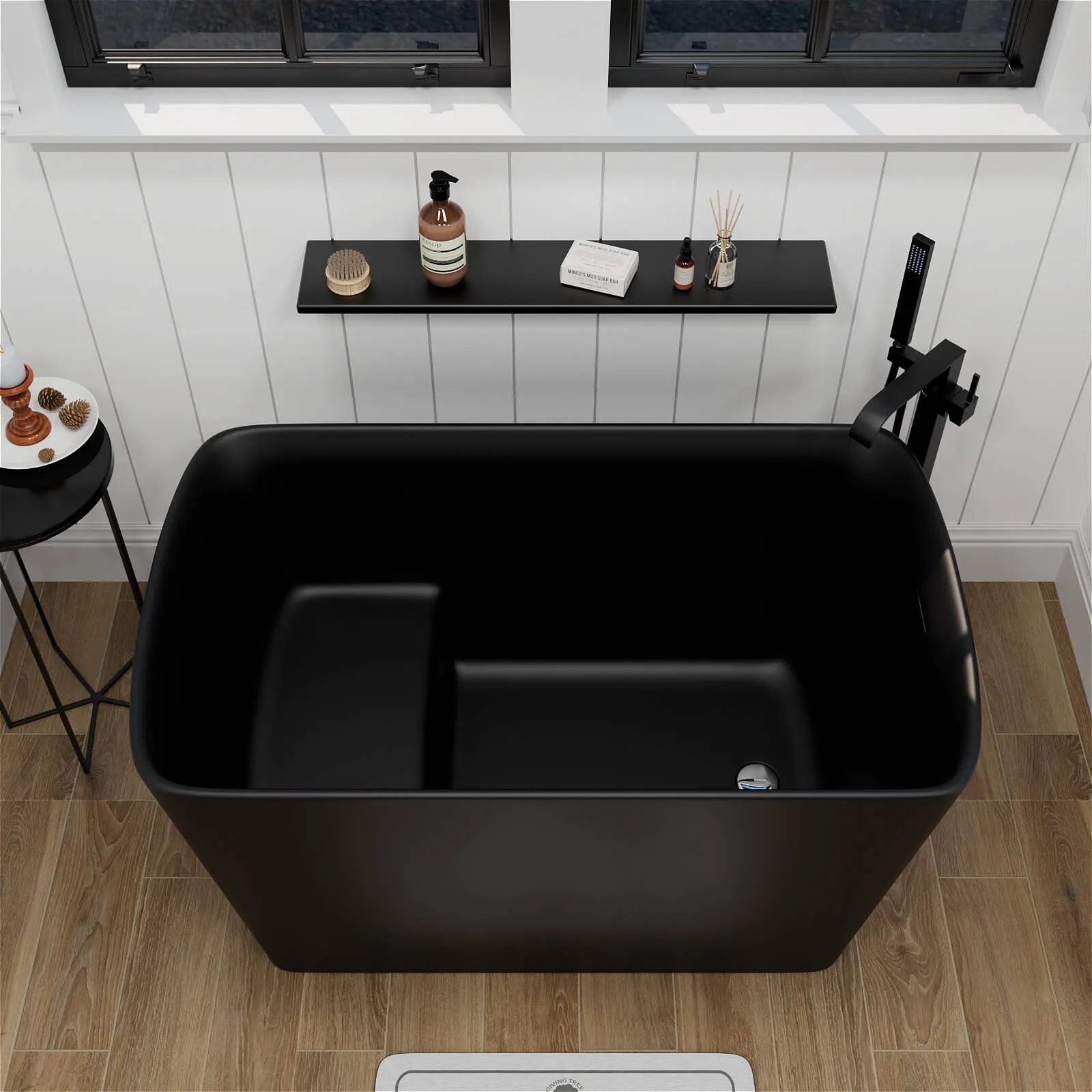 47'' Stone Resin Black Small Freestanding Japanese Soaking Tub with Seat, Reversible Drain