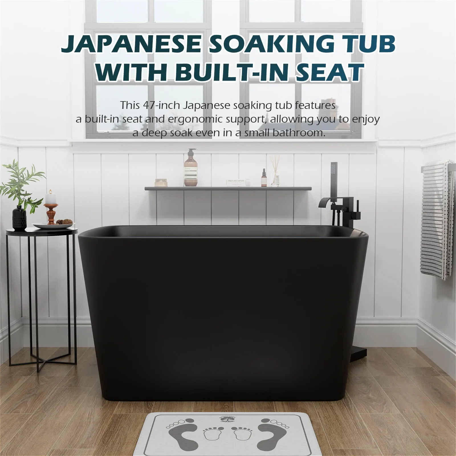 47'' Stone Resin Black Small Freestanding Japanese Soaking Tub with Seat, Reversible Drain