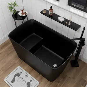 47'' Stone Resin Black Small Freestanding Japanese Soaking Tub with Seat, Reversible Drain