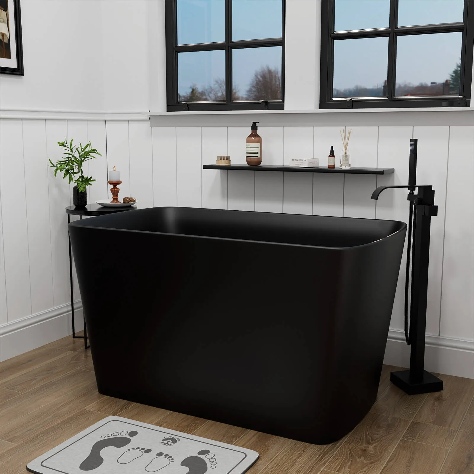 47'' Stone Resin Black Small Freestanding Japanese Soaking Tub with Seat, Reversible Drain