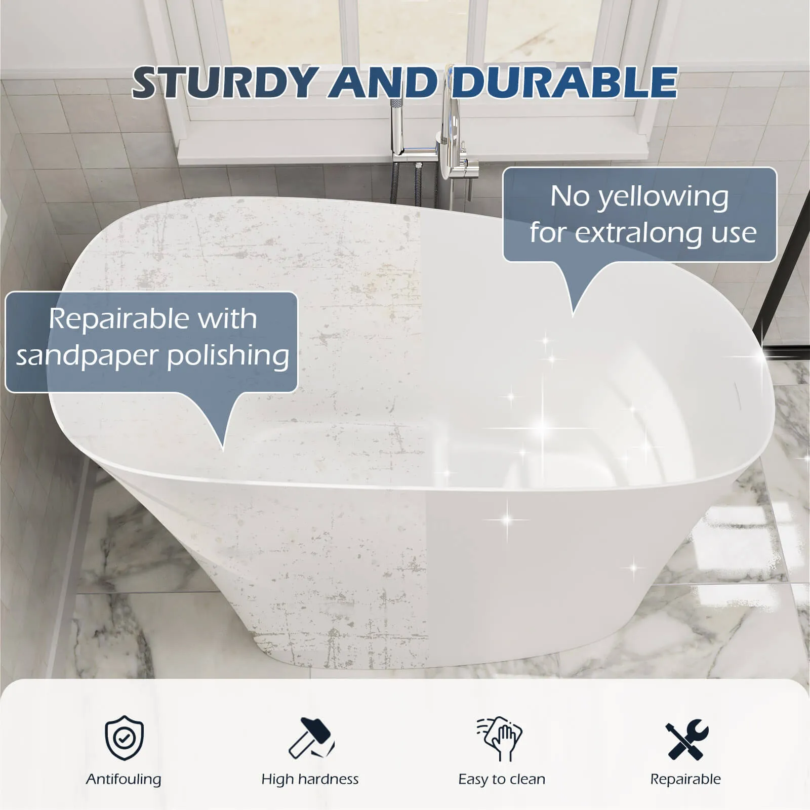 47" Single Slipper Freestanding Japanese Soaking Bathtub Solid Surface Stone Resin Tub with Built-in Seat