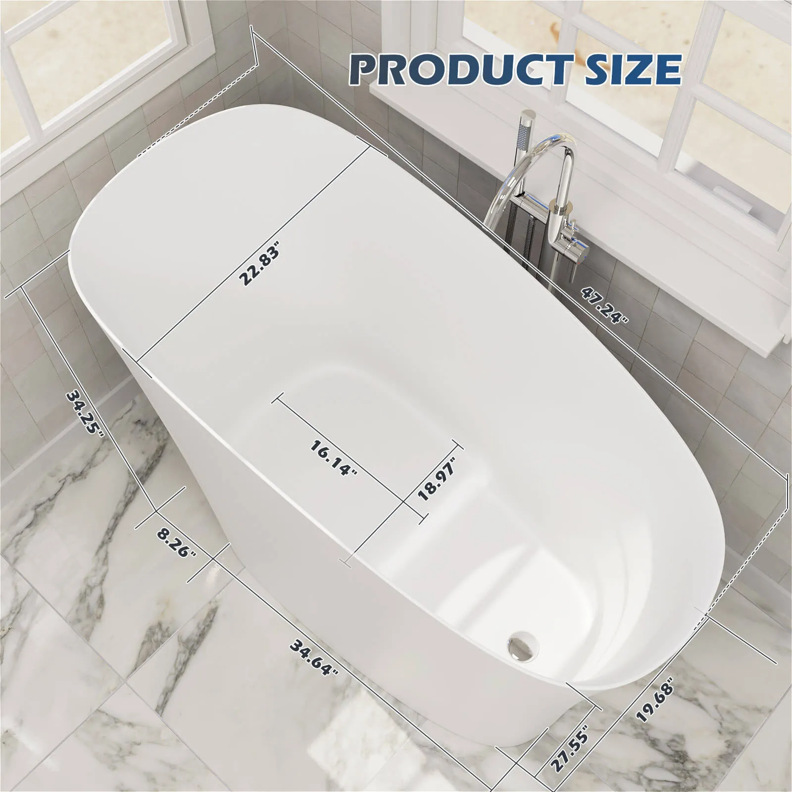 47" Single Slipper Freestanding Japanese Soaking Bathtub Solid Surface Stone Resin Tub with Built-in Seat