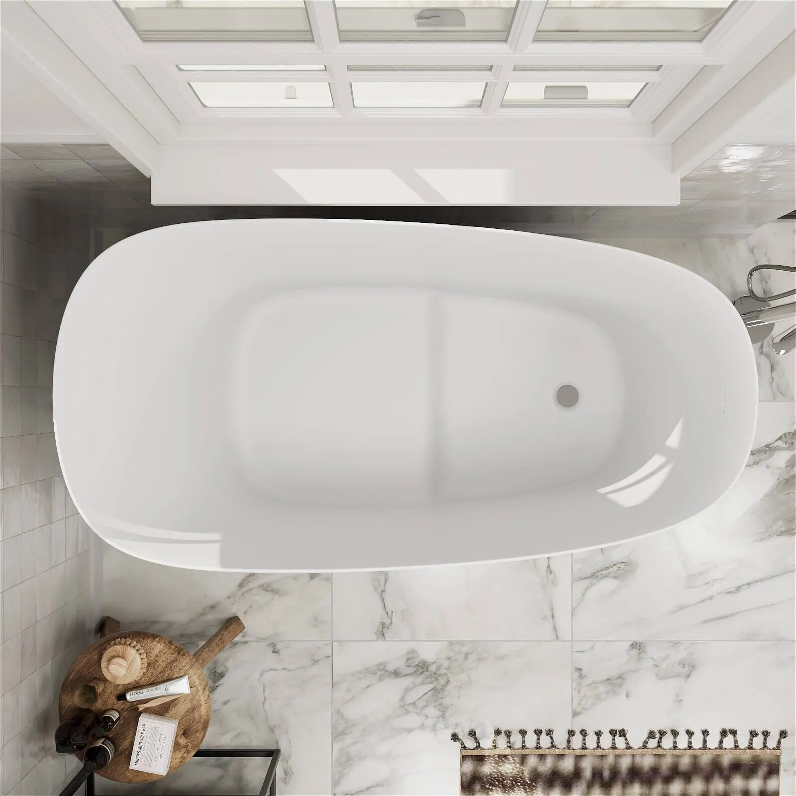 47" Single Slipper Freestanding Japanese Soaking Bathtub Solid Surface Stone Resin Tub with Built-in Seat