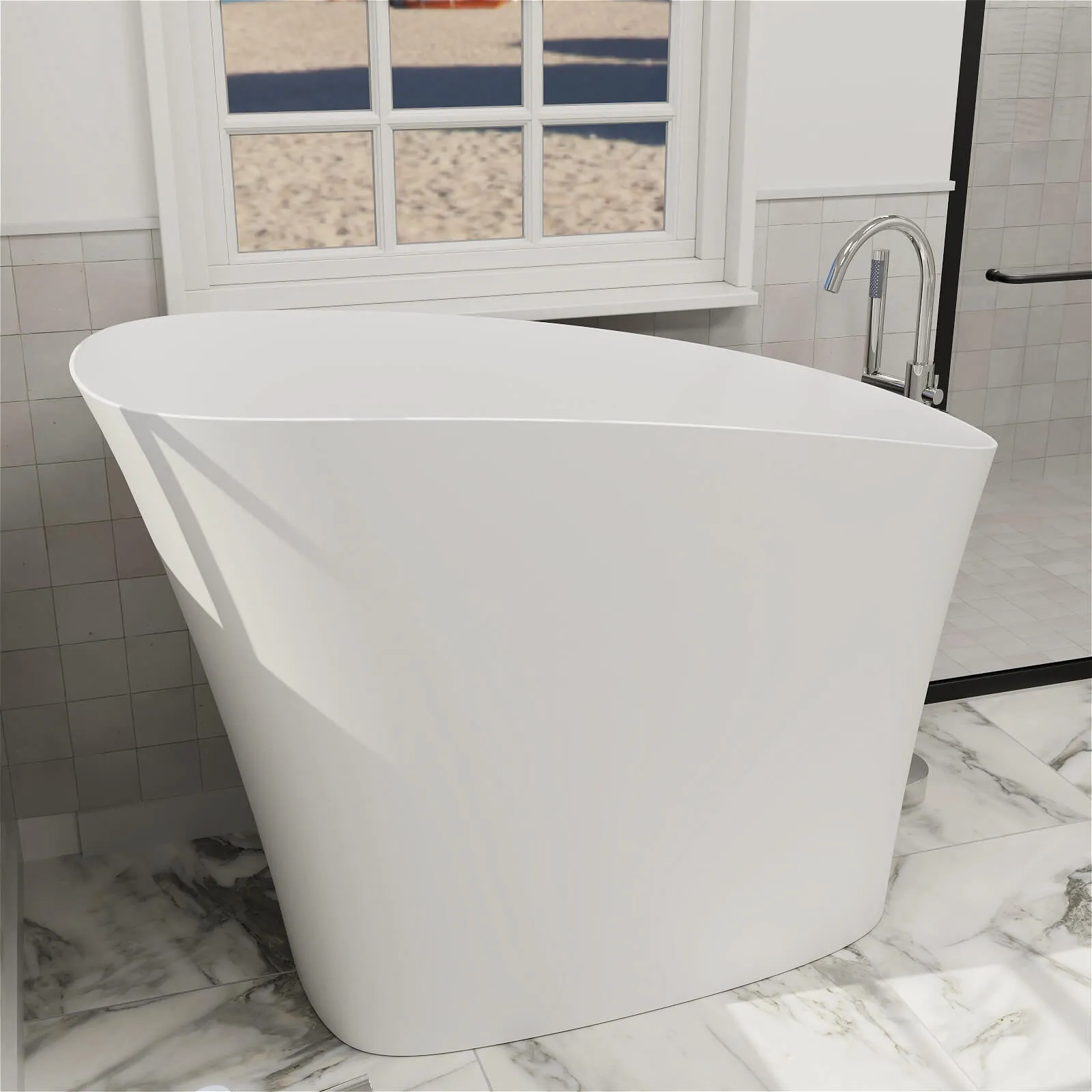 47" Single Slipper Freestanding Japanese Soaking Bathtub Solid Surface Stone Resin Tub with Built-in Seat