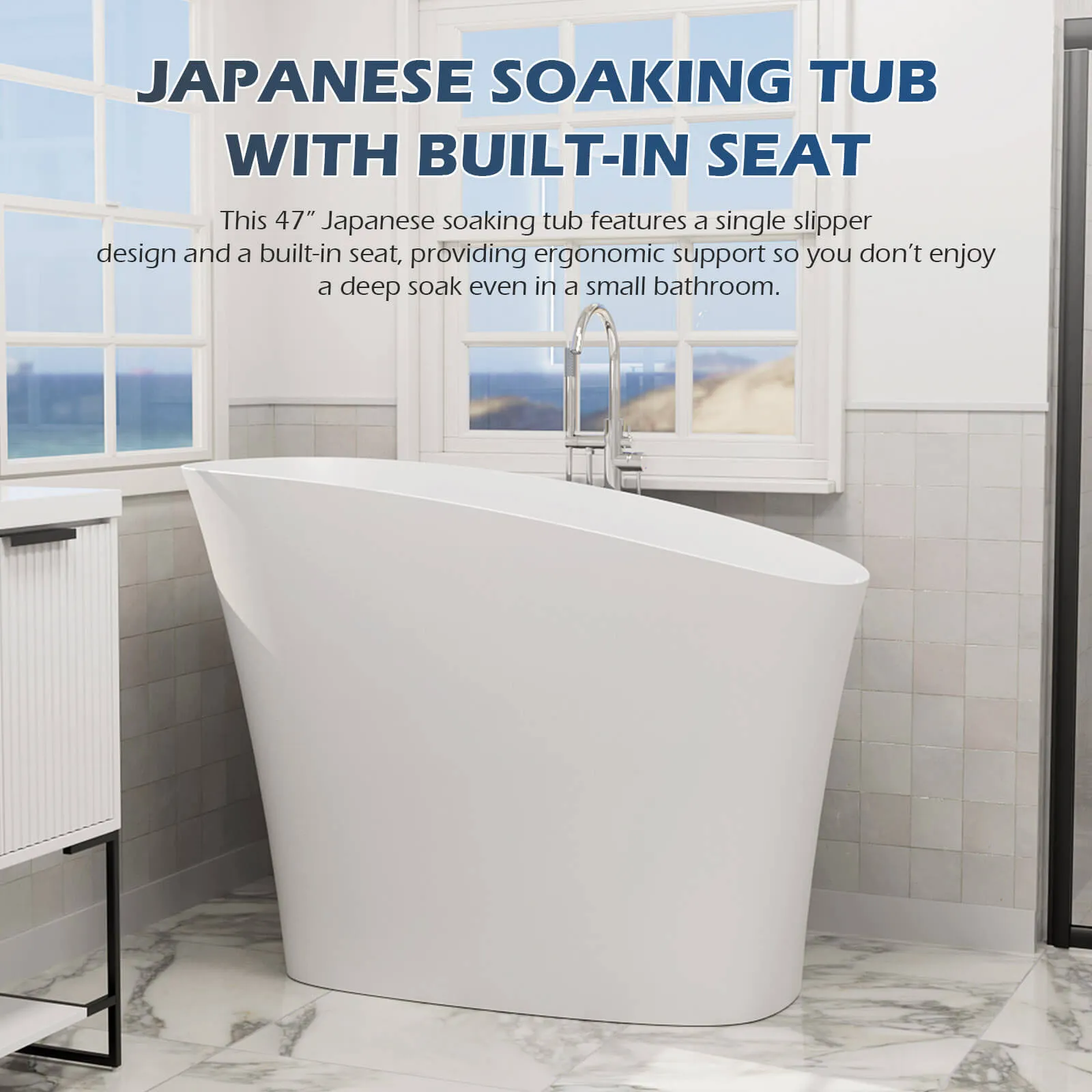 47" Single Slipper Freestanding Japanese Soaking Bathtub Solid Surface Stone Resin Tub with Built-in Seat