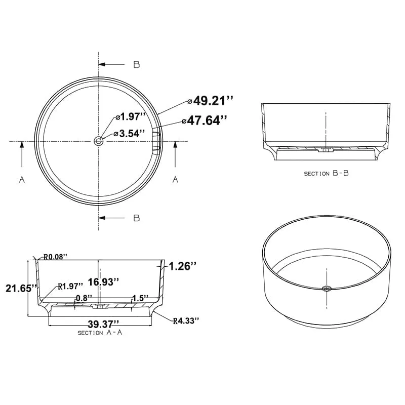 49" Japanese-Style Freestanding Round Soaking Tub in Stone Resin Material