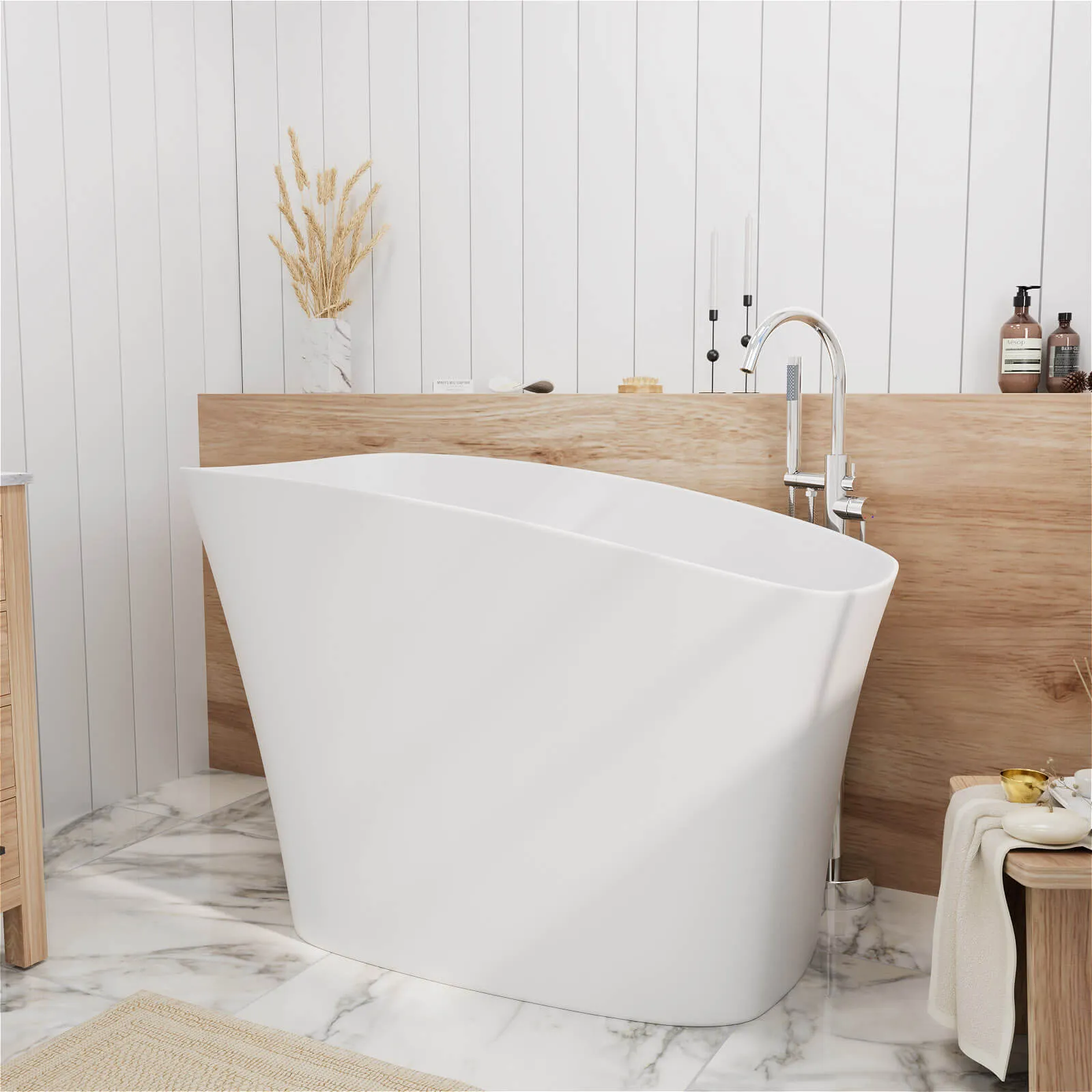 51" Single Slipper Freestanding Japanese Soaking Bathtub Solid Surface Stone Resin Tub with Built-in Seat