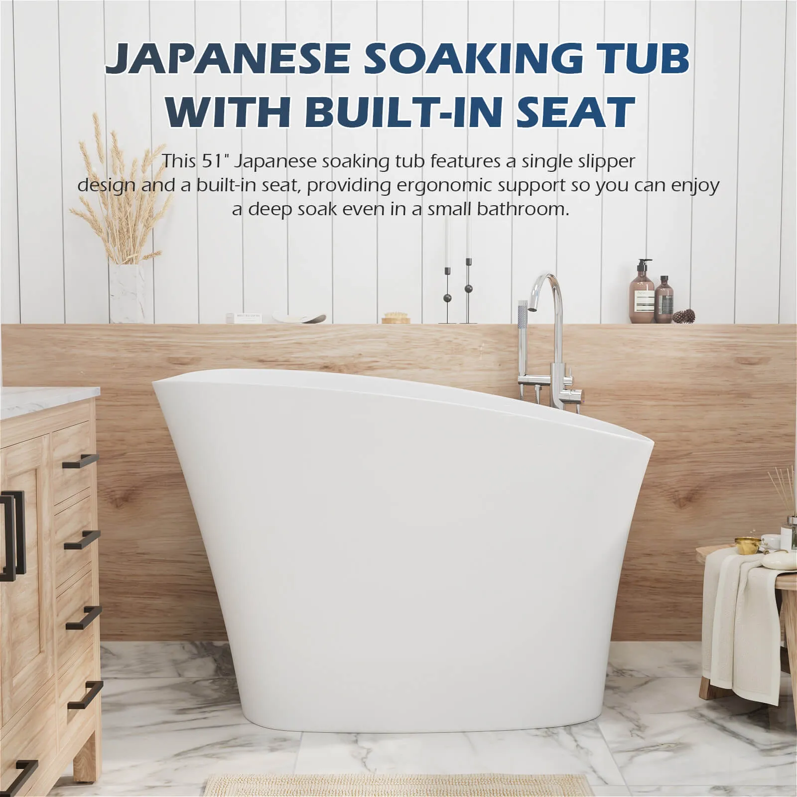 51" Single Slipper Freestanding Japanese Soaking Bathtub Solid Surface Stone Resin Tub with Built-in Seat