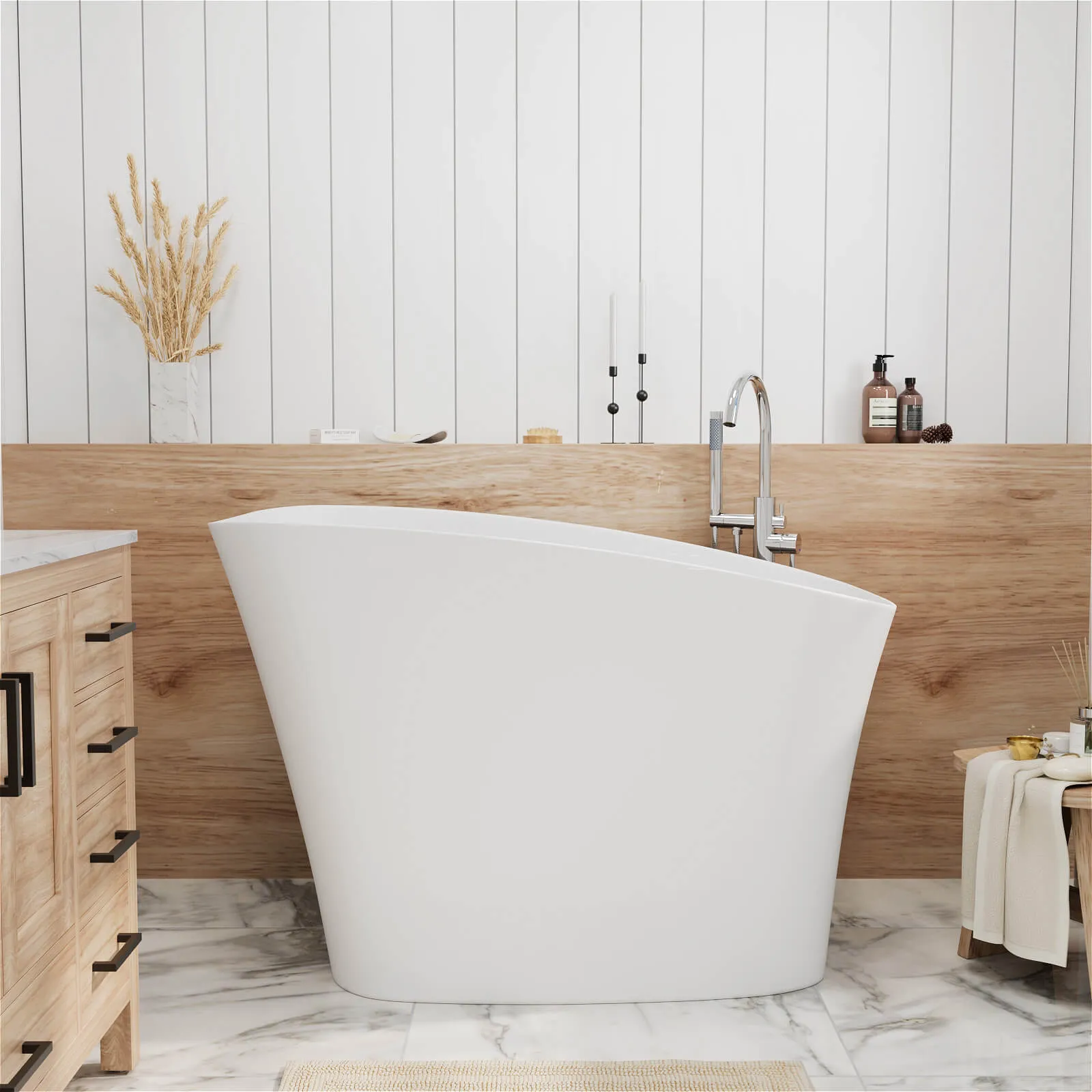 51" Single Slipper Freestanding Japanese Soaking Bathtub Solid Surface Stone Resin Tub with Built-in Seat