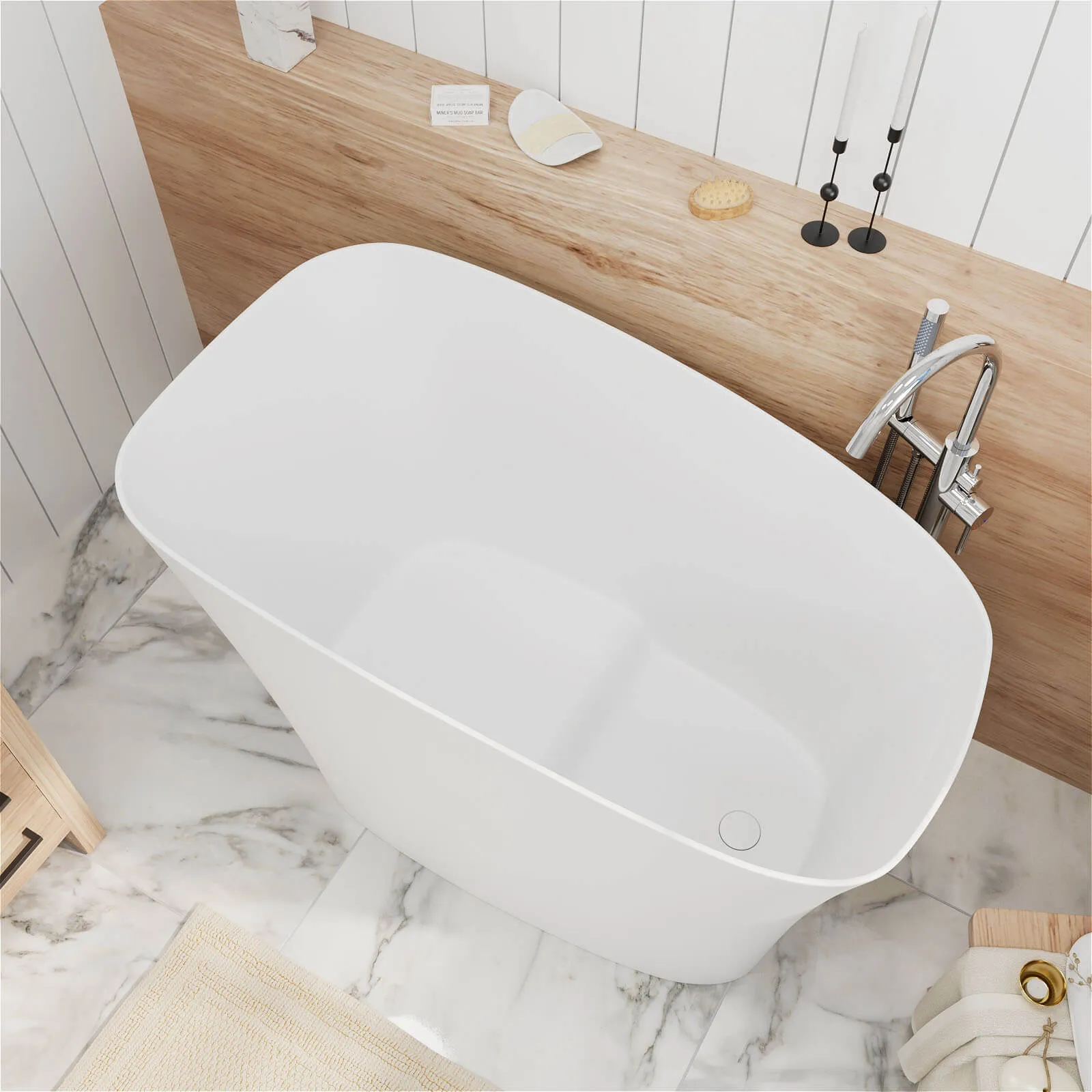 51" Single Slipper Freestanding Japanese Soaking Bathtub Solid Surface Stone Resin Tub with Built-in Seat