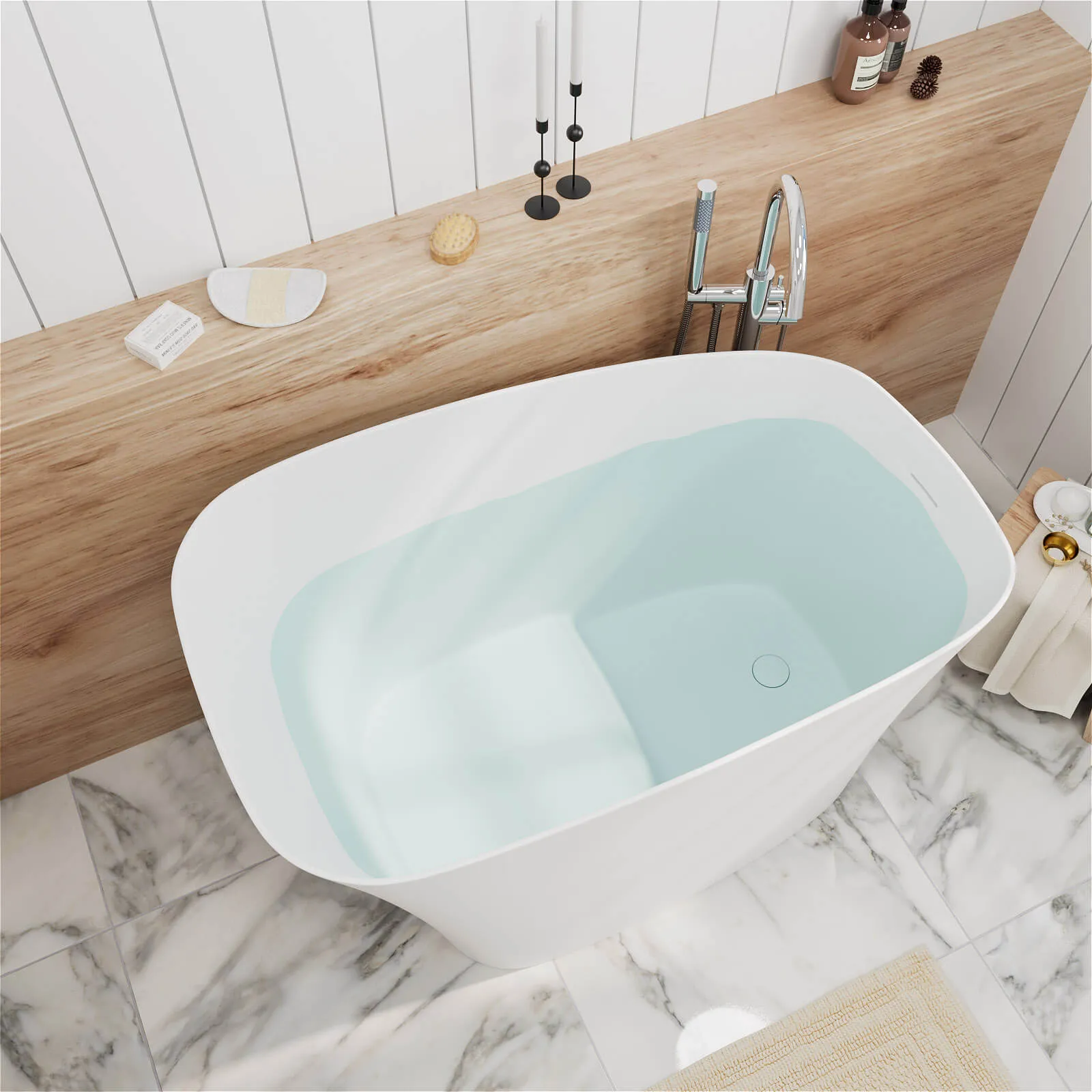 51" Single Slipper Freestanding Japanese Soaking Bathtub Solid Surface Stone Resin Tub with Built-in Seat