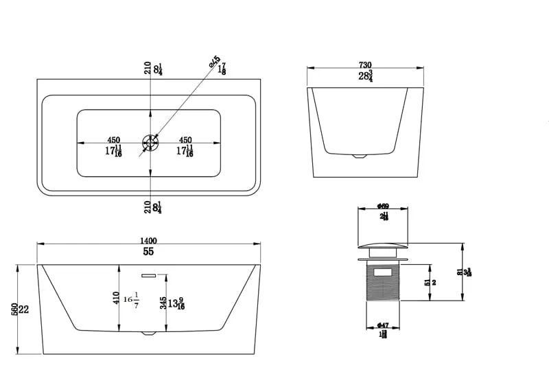 55'' Acrylic Rectangular Freestanding Soaking Bathtub