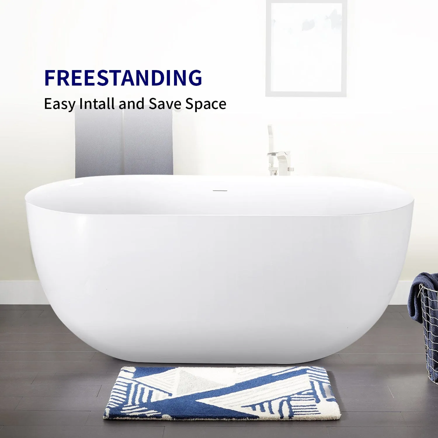 59'' Acrylic Flatbottom Double Ended Oval Freestanding Soaking Bathtub in White