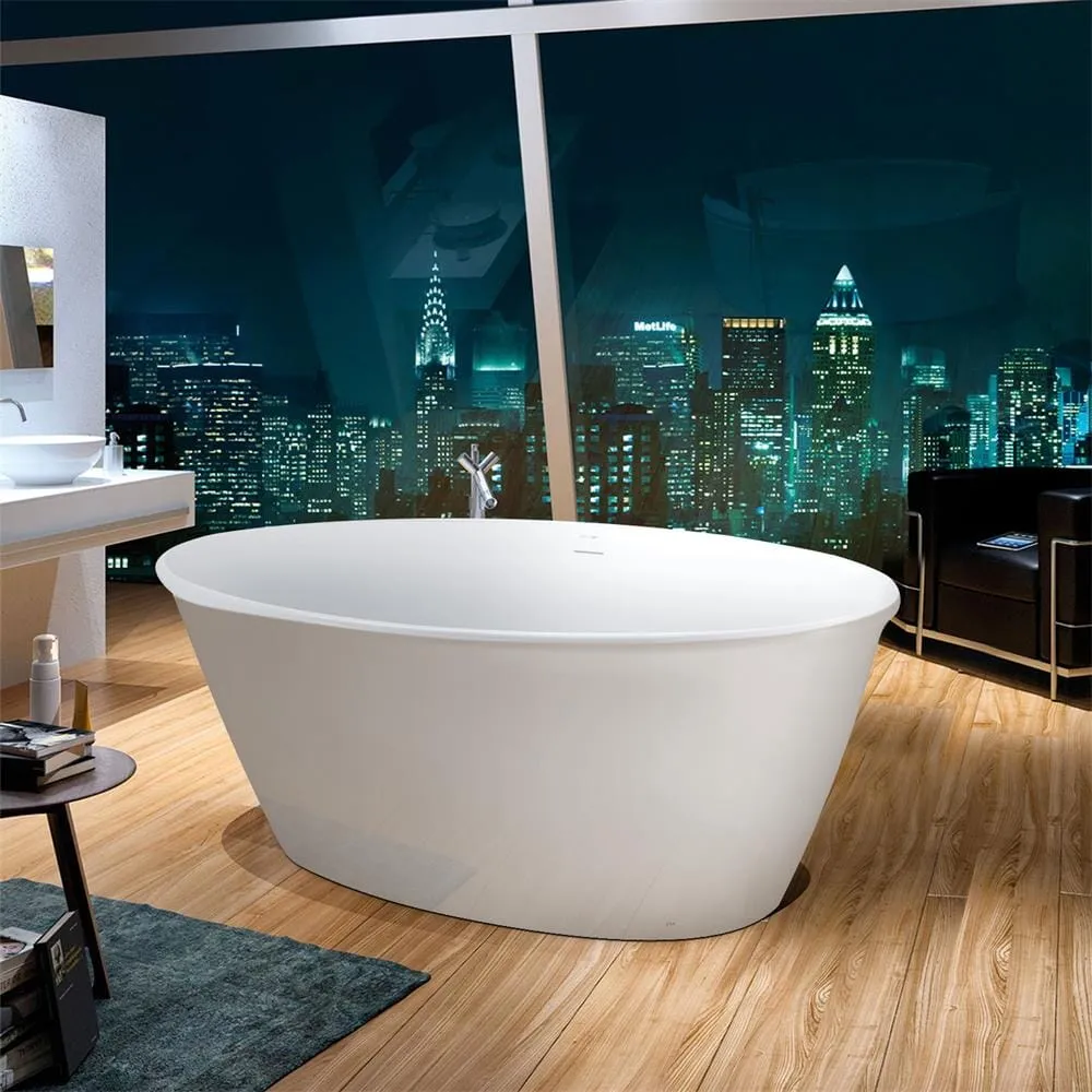 59'' Acrylic Flatbottom Double Slipper Oval Bathtub with Polished Chrome Drain Freestanding Soaking Tub in Glossy White