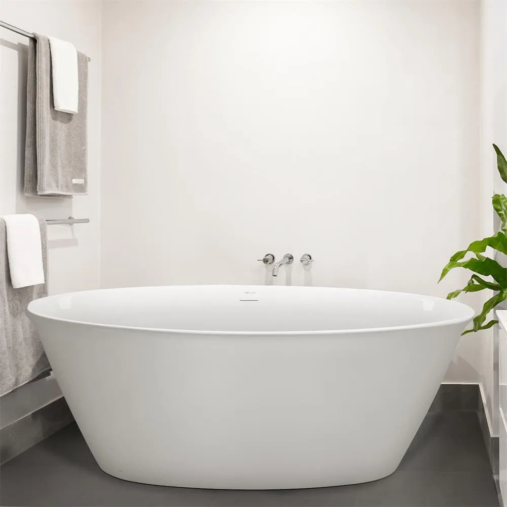 59'' Acrylic Flatbottom Double Slipper Oval Bathtub with Polished Chrome Drain Freestanding Soaking Tub in Glossy White