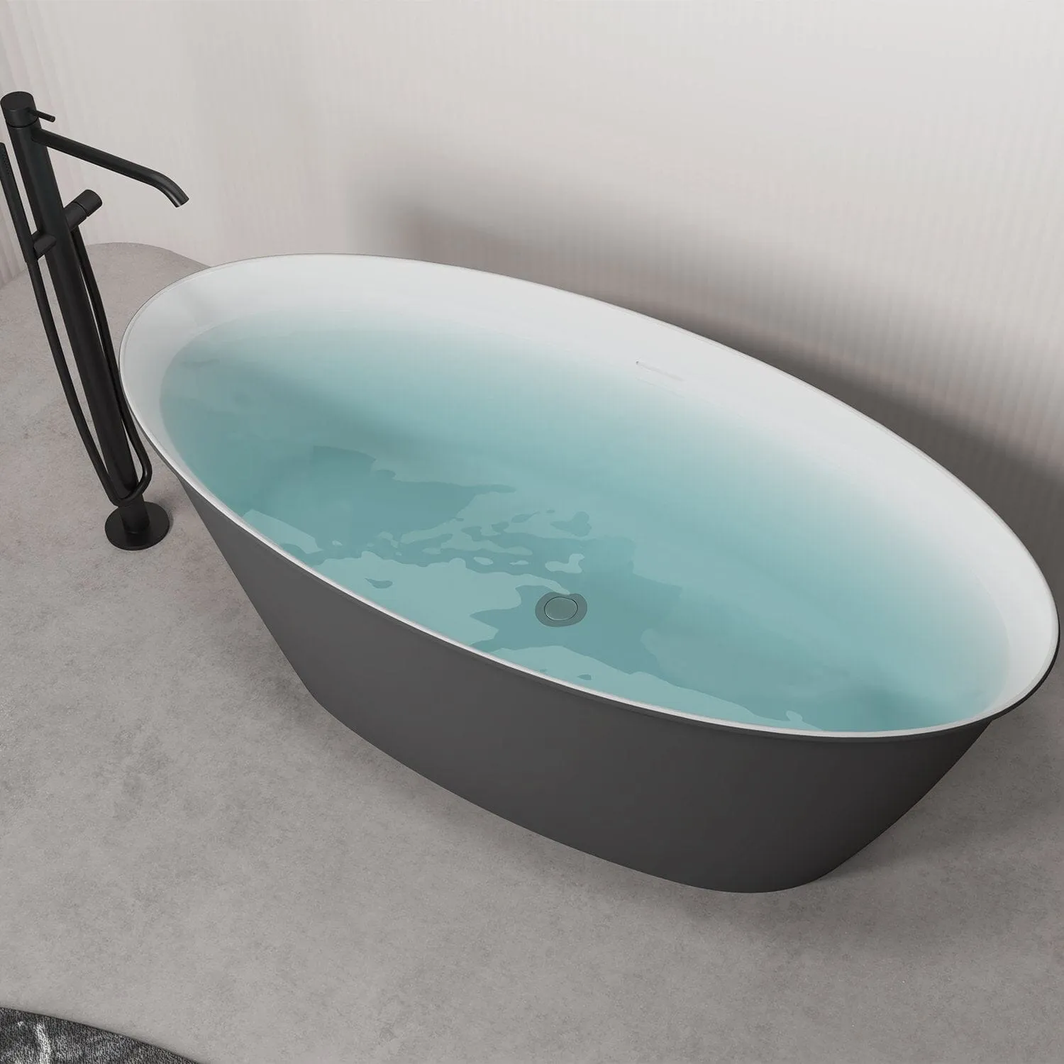 59'' Acrylic Flatbottom Double Slipper Oval Bathtub with Polished Chrome Drain Freestanding Soaking Tub in Gray