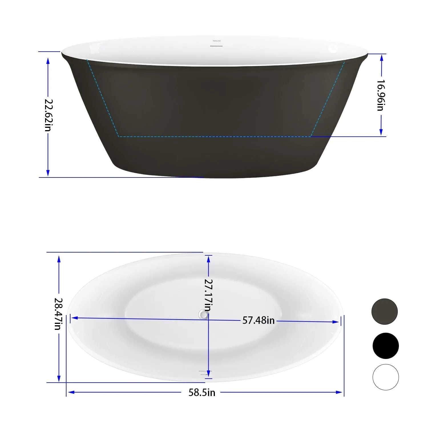 59'' Acrylic Flatbottom Double Slipper Oval Bathtub with Polished Chrome Drain Freestanding Soaking Tub in Gray