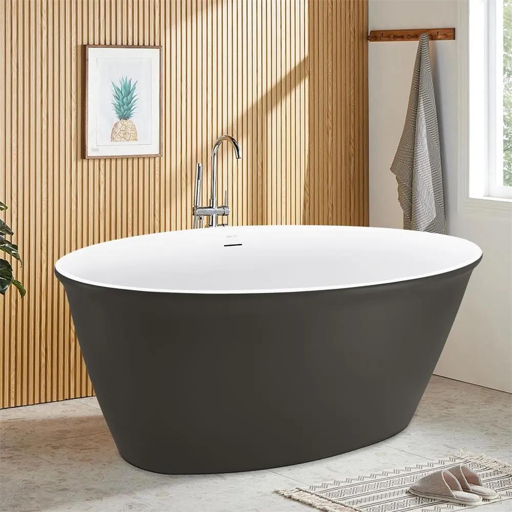 59'' Acrylic Flatbottom Double Slipper Oval Bathtub with Polished Chrome Drain Freestanding Soaking Tub in Gray