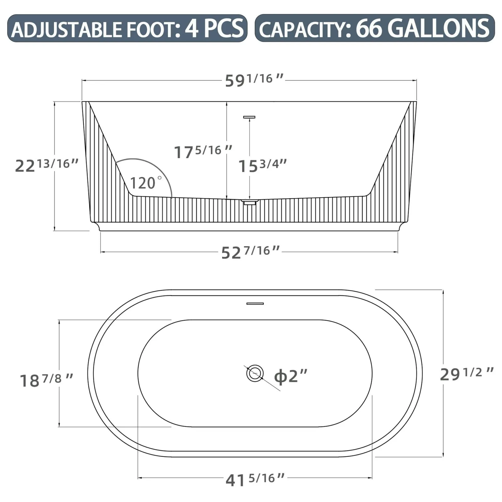 59'' Acrylic Fluted Deep Soaking Bathtub