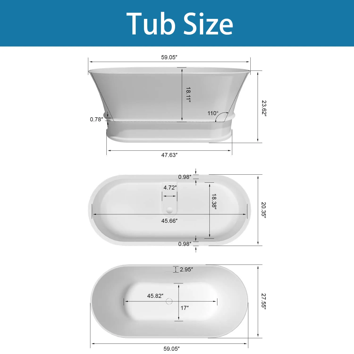 59'' Vintage Bathtub Solid Surface Stone Resin Freestanding Soaking Tub with Overflow