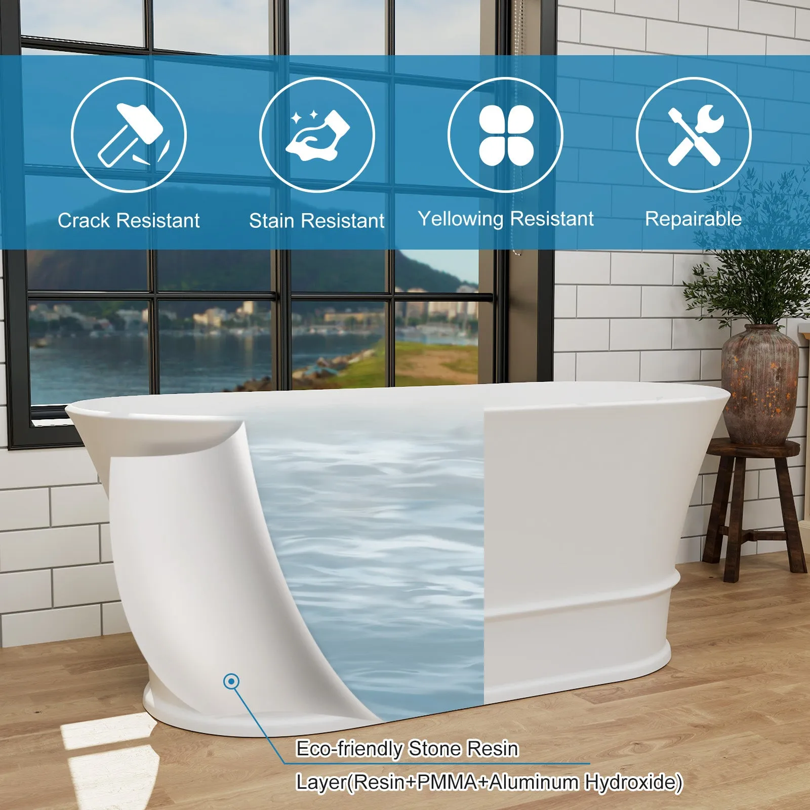 59'' Vintage Bathtub Solid Surface Stone Resin Freestanding Soaking Tub with Overflow