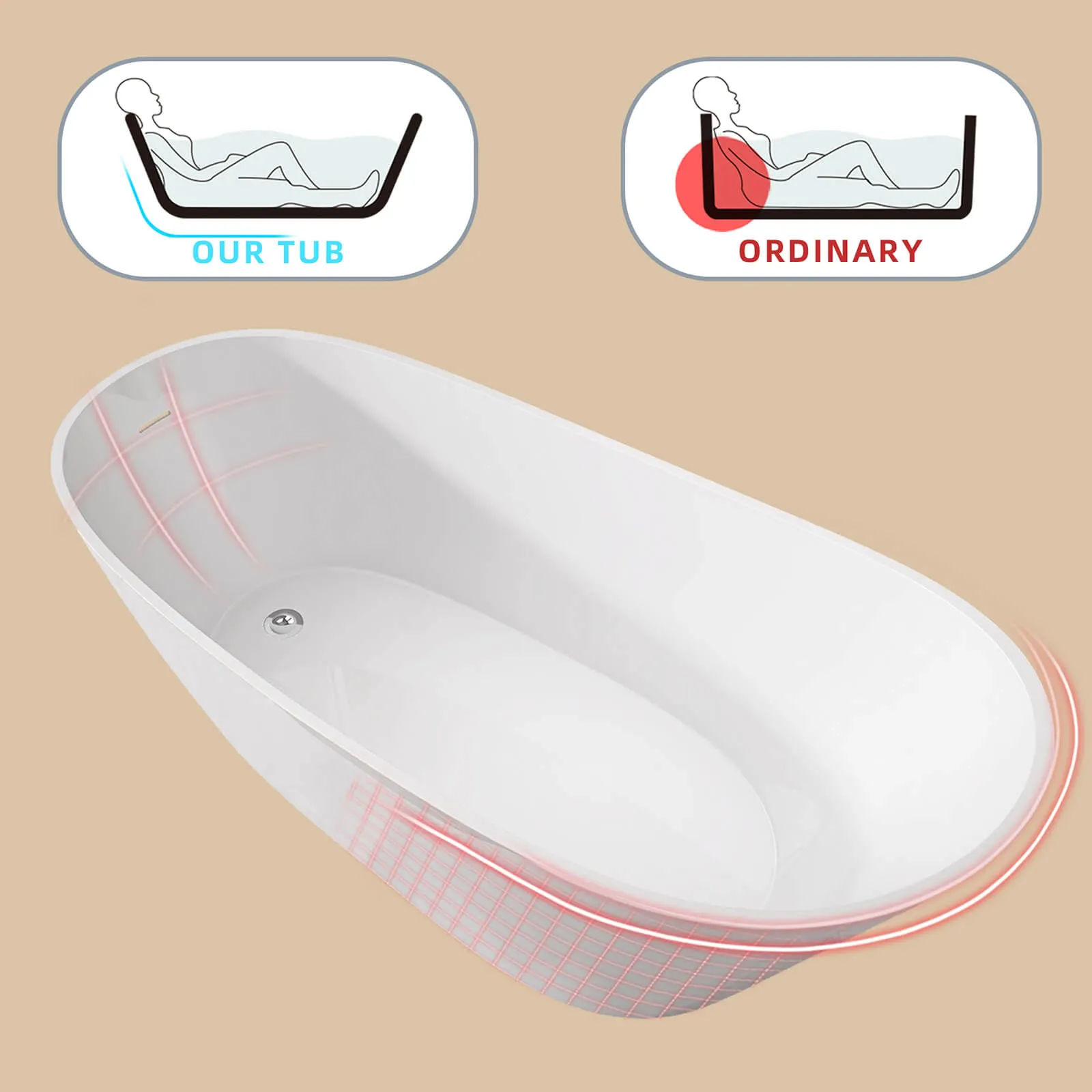 59" Acrylic Single Slipper Tub with Pop-Up Drain