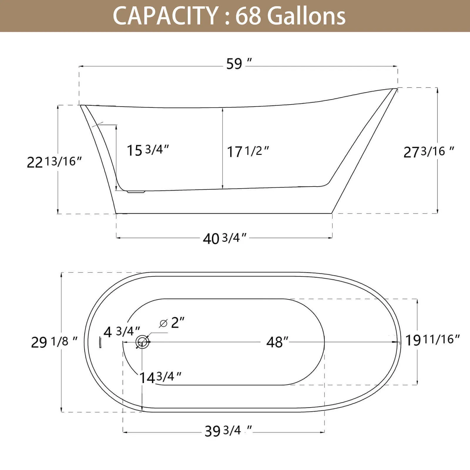 59" Acrylic Single Slipper Tub with Pop-Up Drain