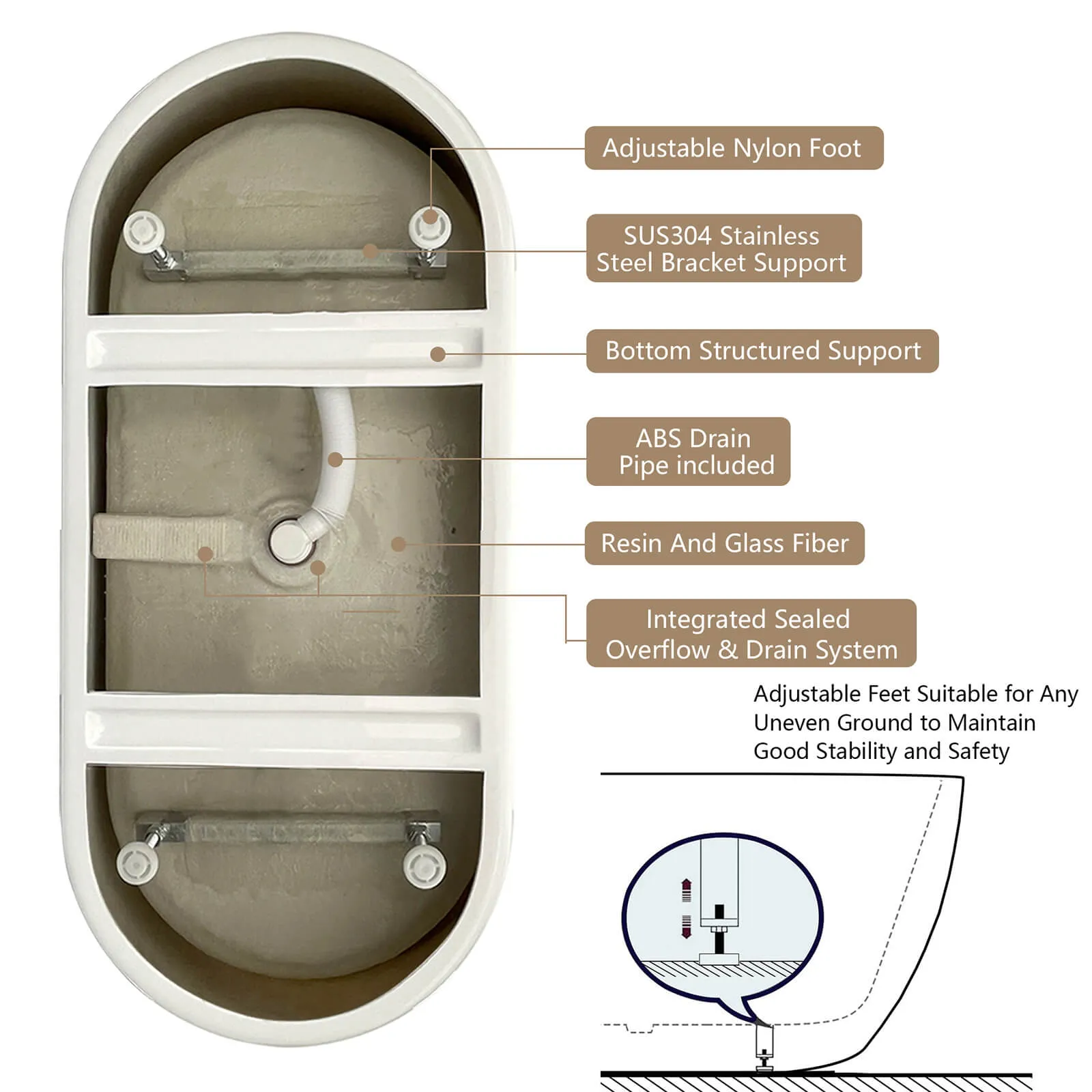 59" Acrylic Single Slipper Tub with Pop-Up Drain