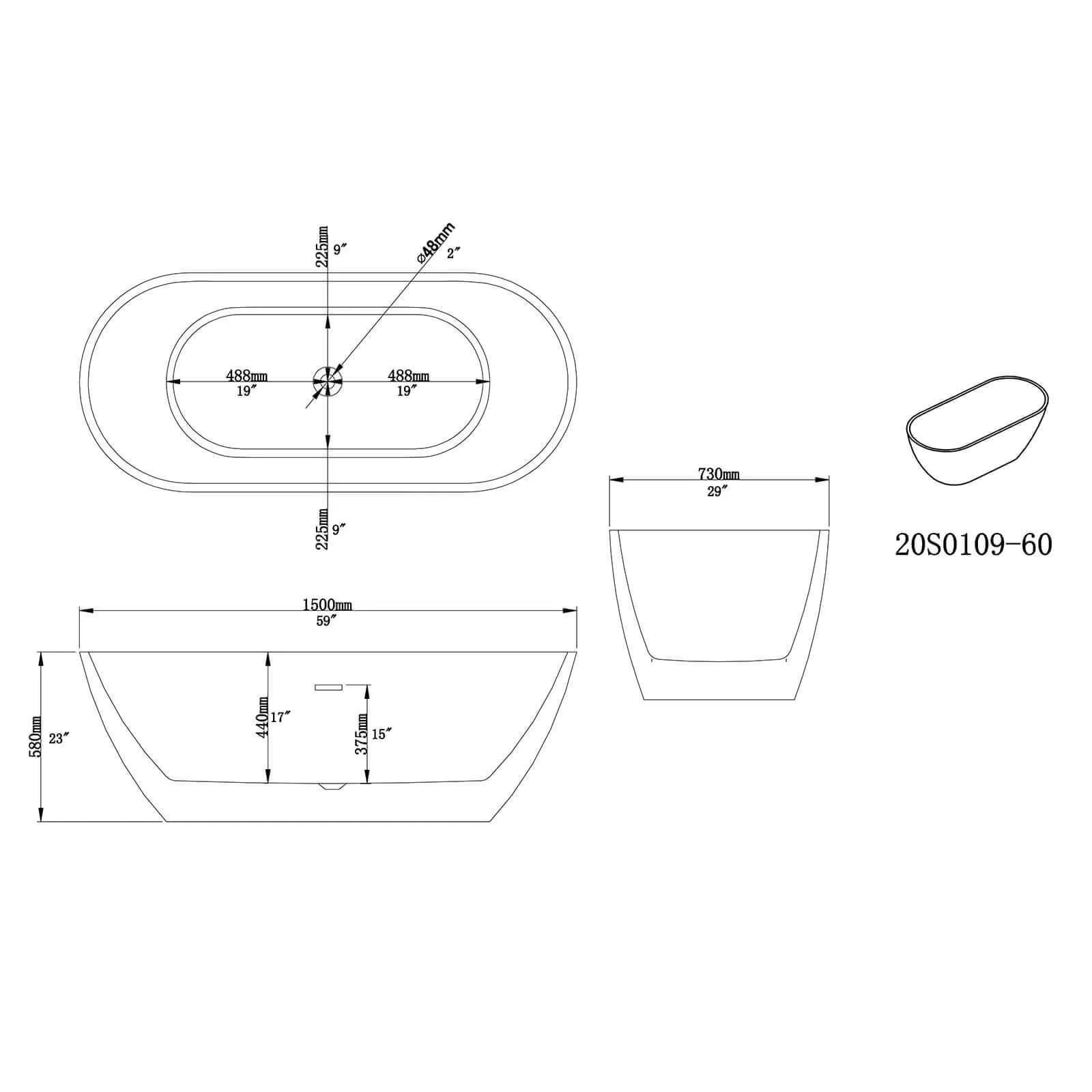 59" Ergonomic Backrest Acrylic Bathtub