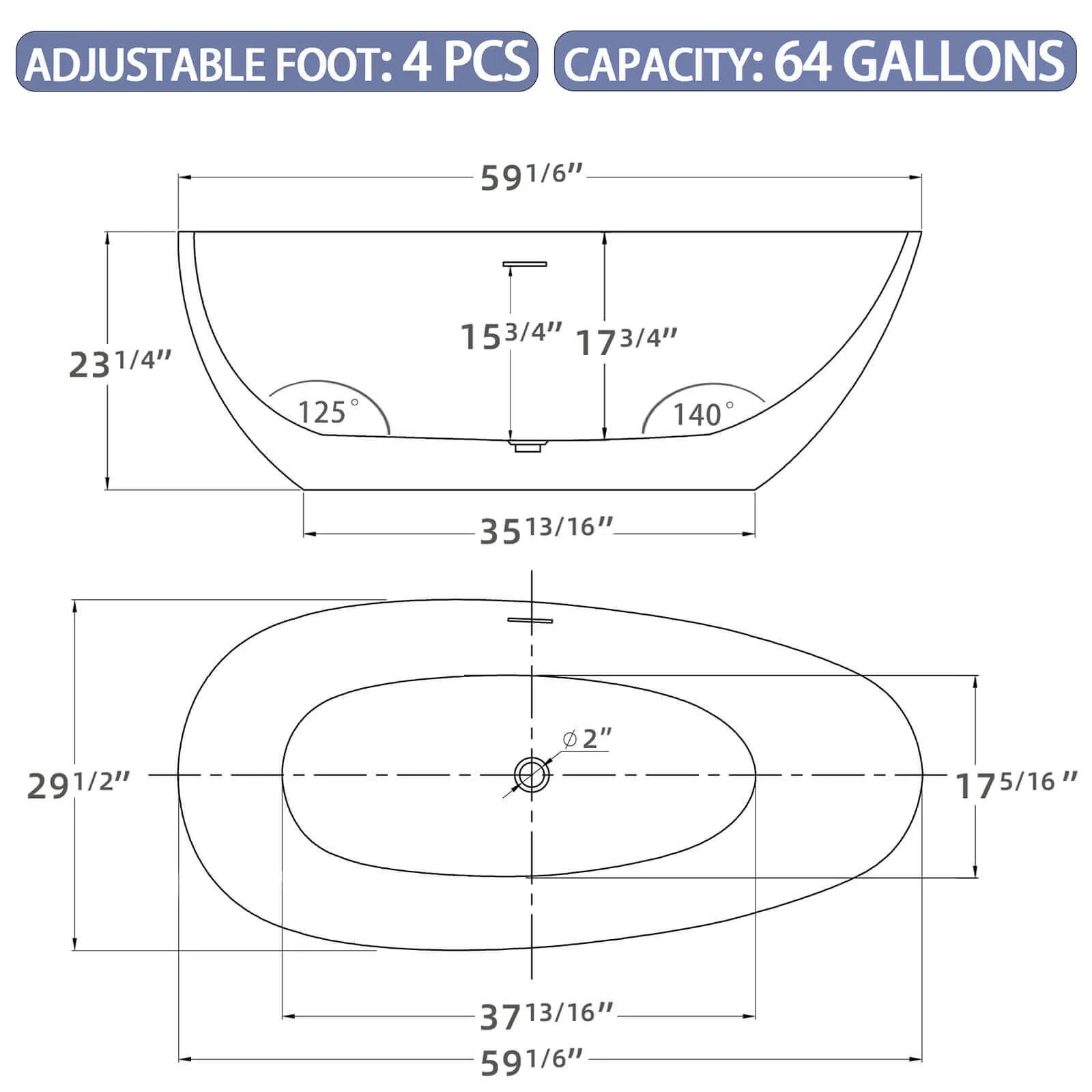 59" Insulated Acrylic Soaking Tub