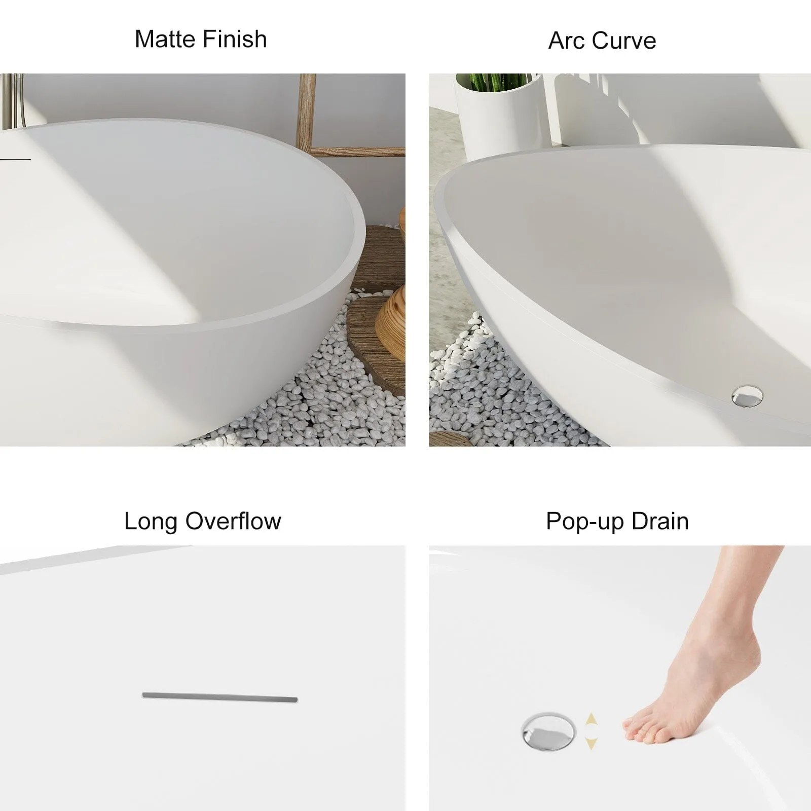 63'' Modern Wavy Curve Solid Surface Stone Resin Freestanding Soaking Bathtub