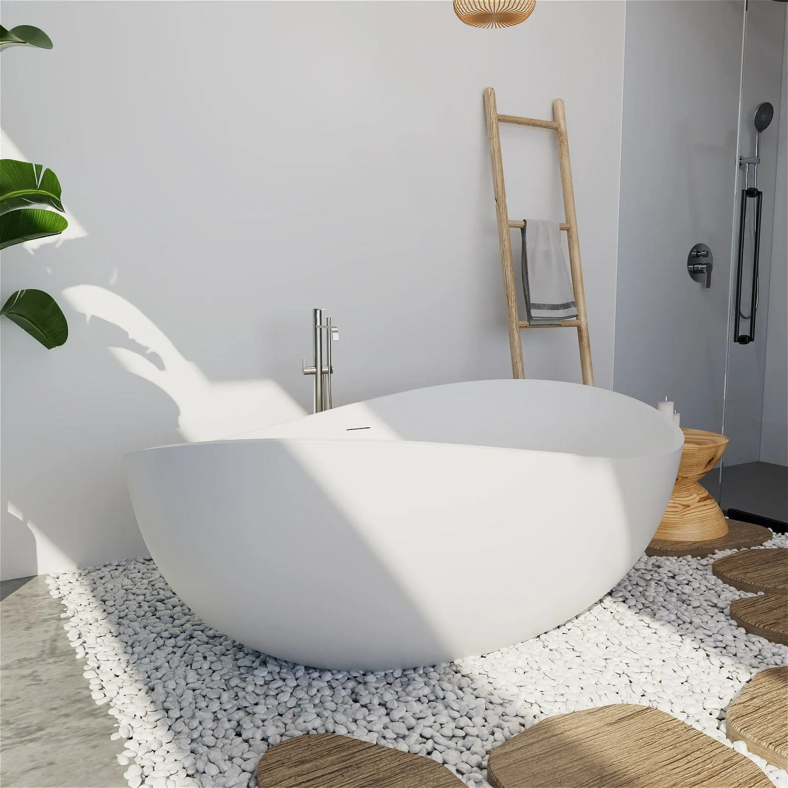 63'' Modern Wavy Curve Solid Surface Stone Resin Freestanding Soaking Bathtub