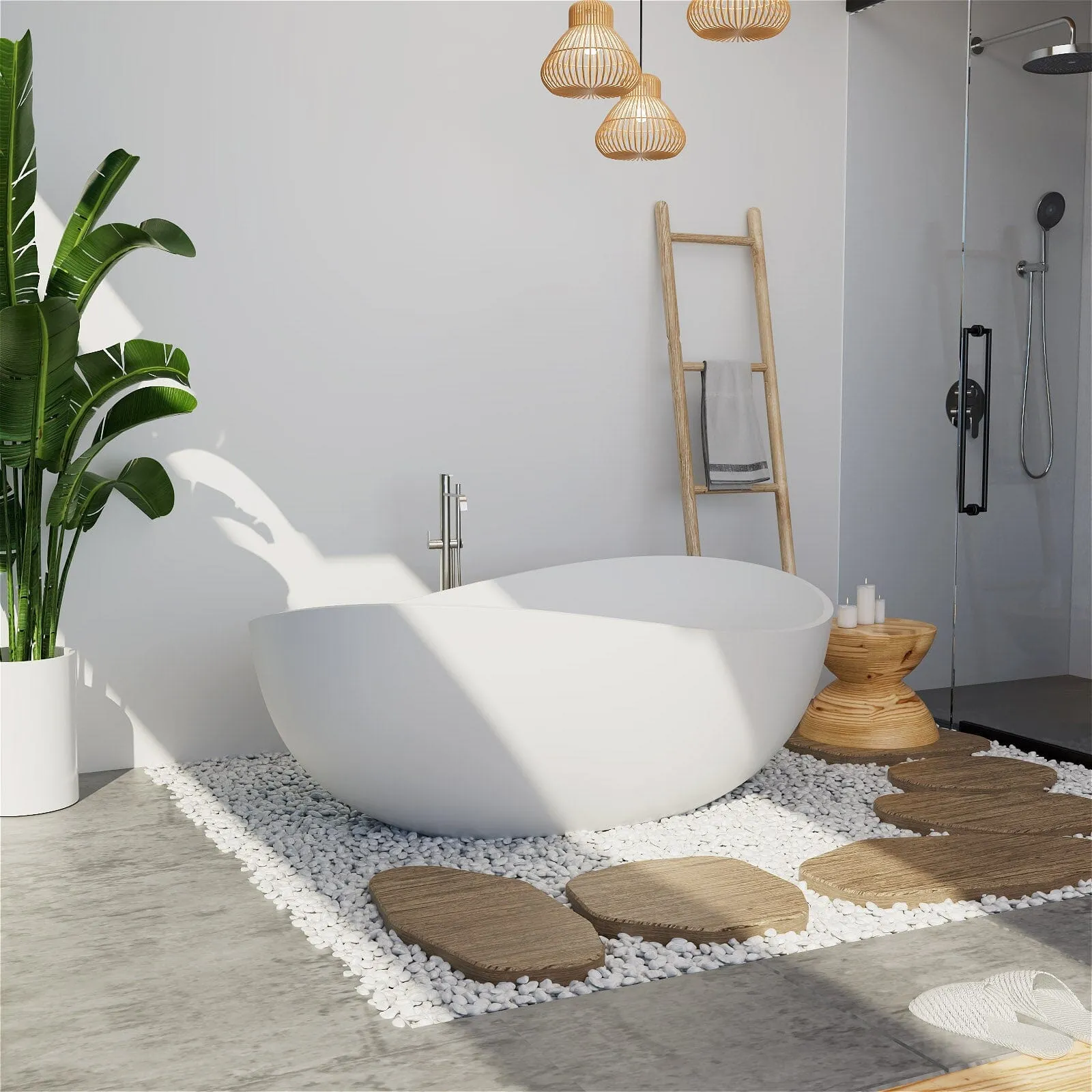 63'' Modern Wavy Curve Solid Surface Stone Resin Freestanding Soaking Bathtub