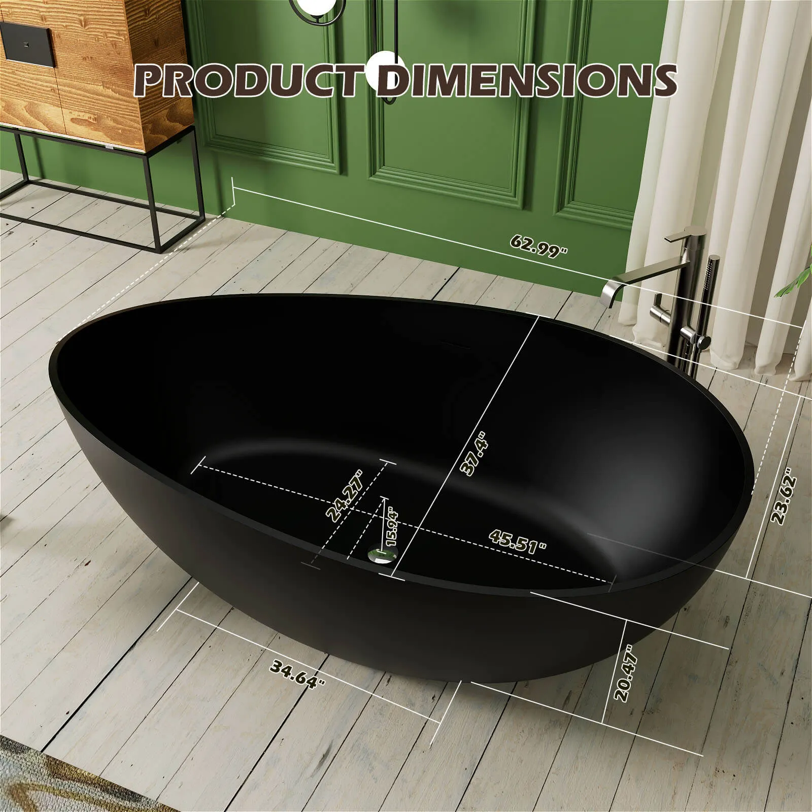 63'' Wave Shaped Freestanding Stone Resin Soaking Bathtub