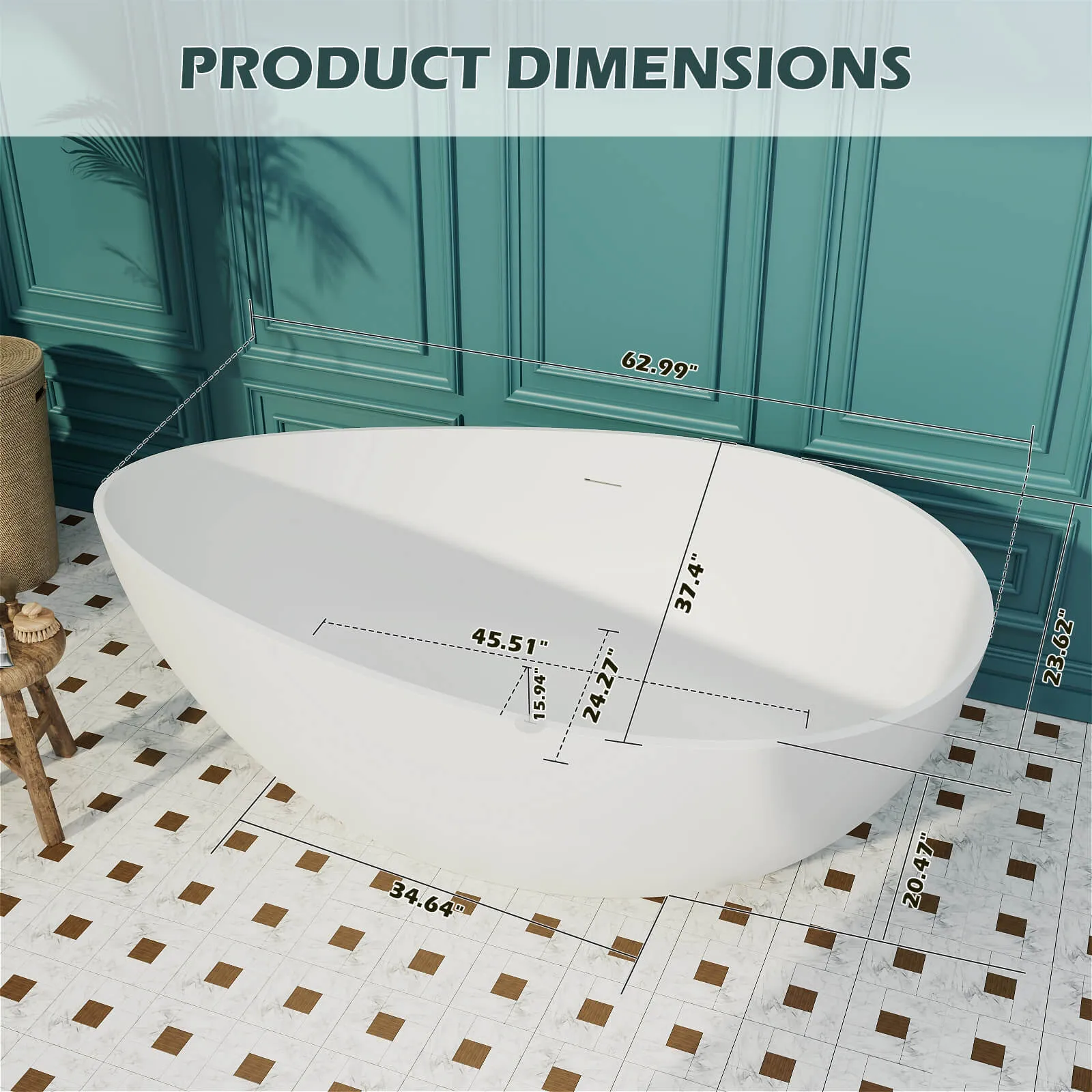 63'' Wave Shaped Freestanding Stone Resin Soaking Bathtub