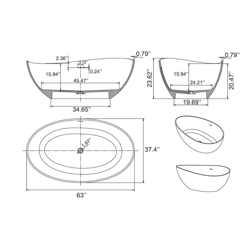 63'' Wave Shaped Freestanding Stone Resin Soaking Bathtub