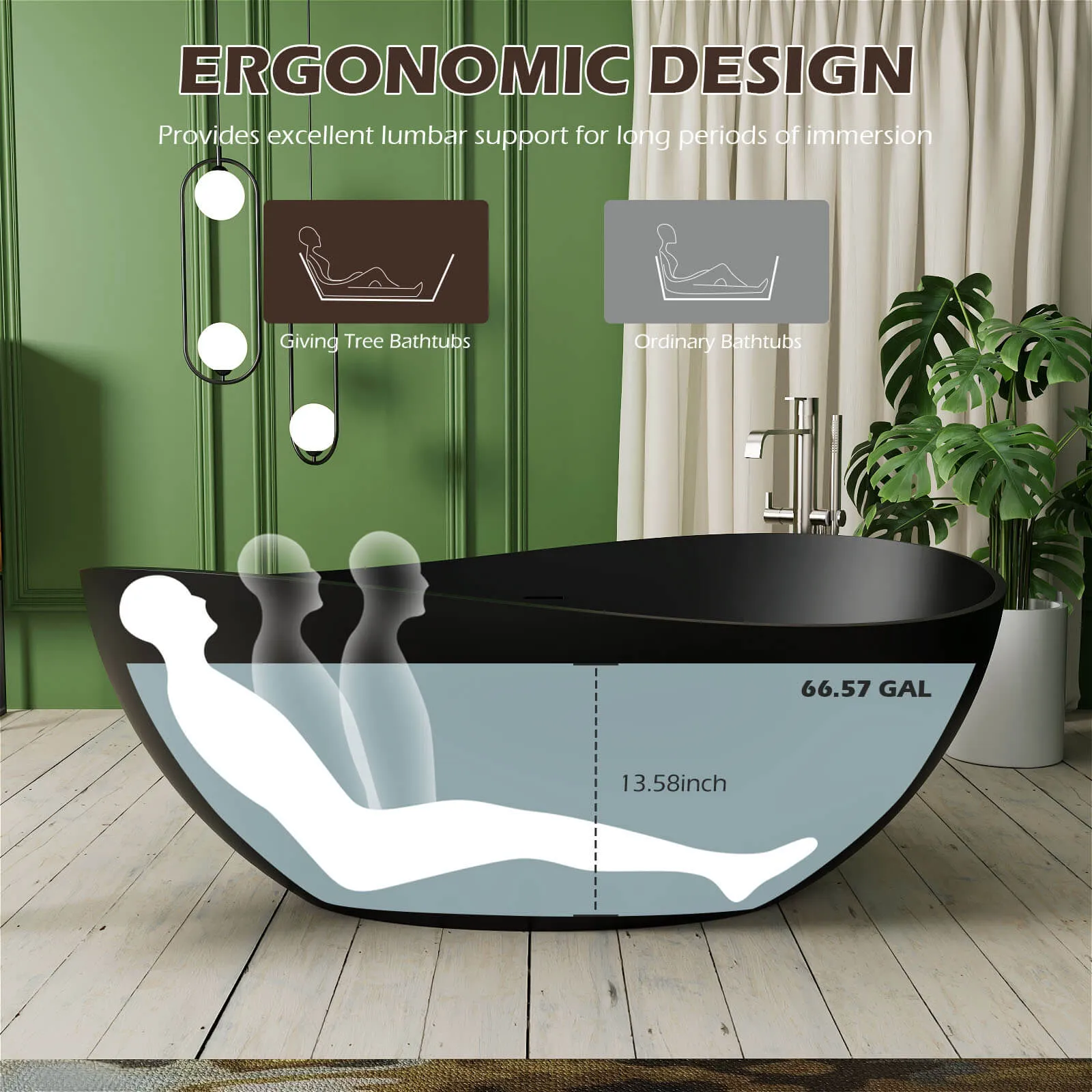 63'' Wave Shaped Freestanding Stone Resin Soaking Bathtub