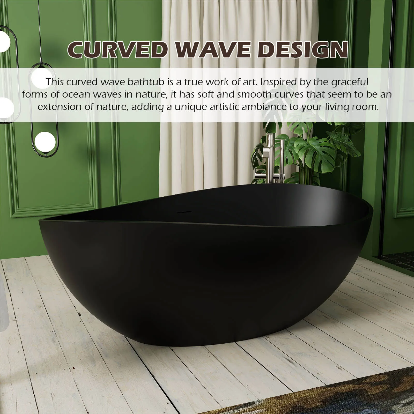 63'' Wave Shaped Freestanding Stone Resin Soaking Bathtub