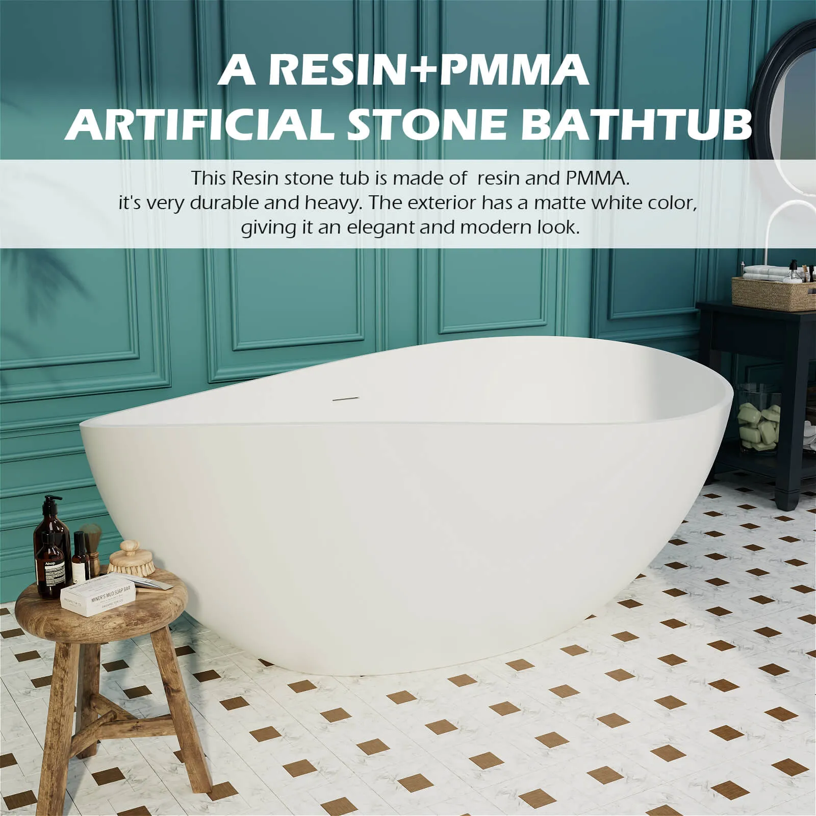 63'' Wave Shaped Freestanding Stone Resin Soaking Bathtub