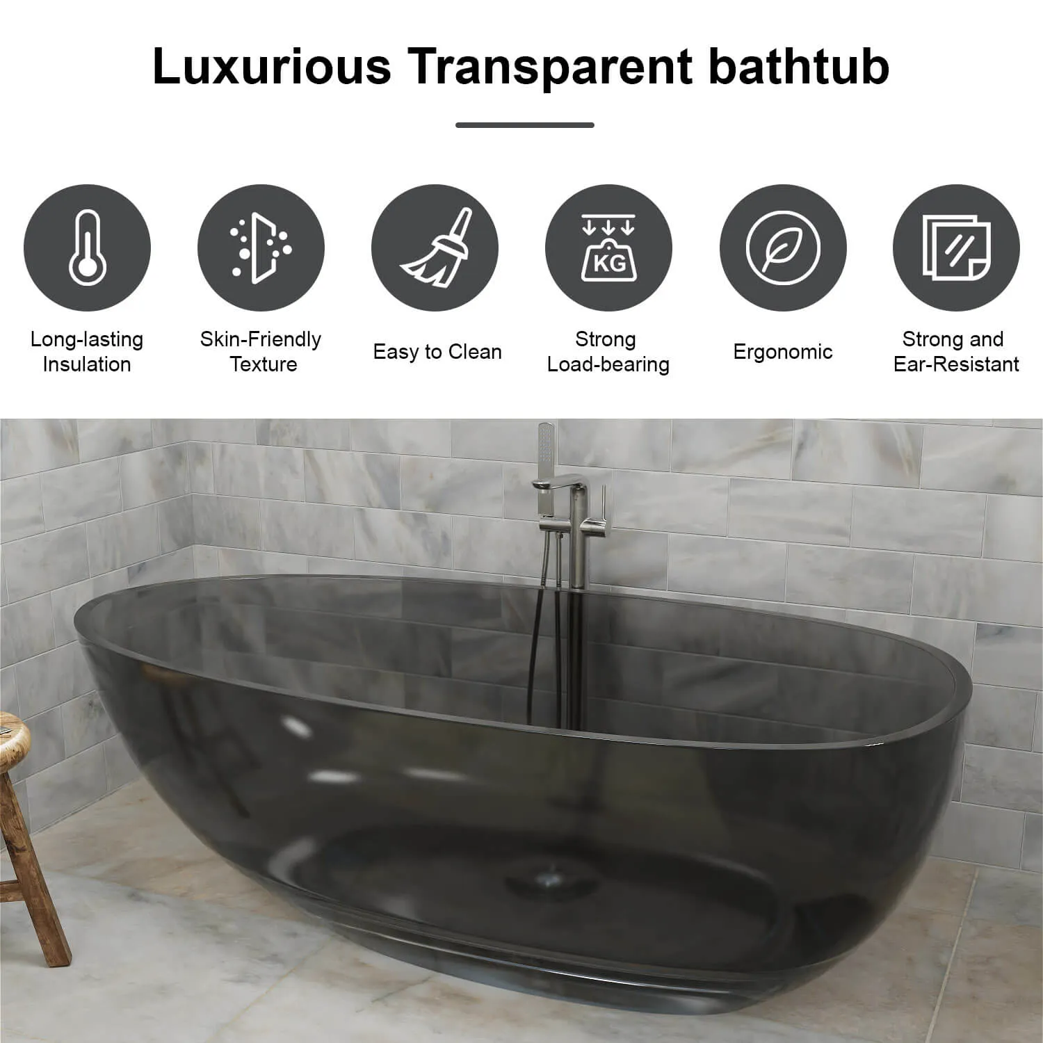 63" Modern Art Resin Tub, Gray Transparent Egg Shape Freestanding Soaking Bathtub for Hotels